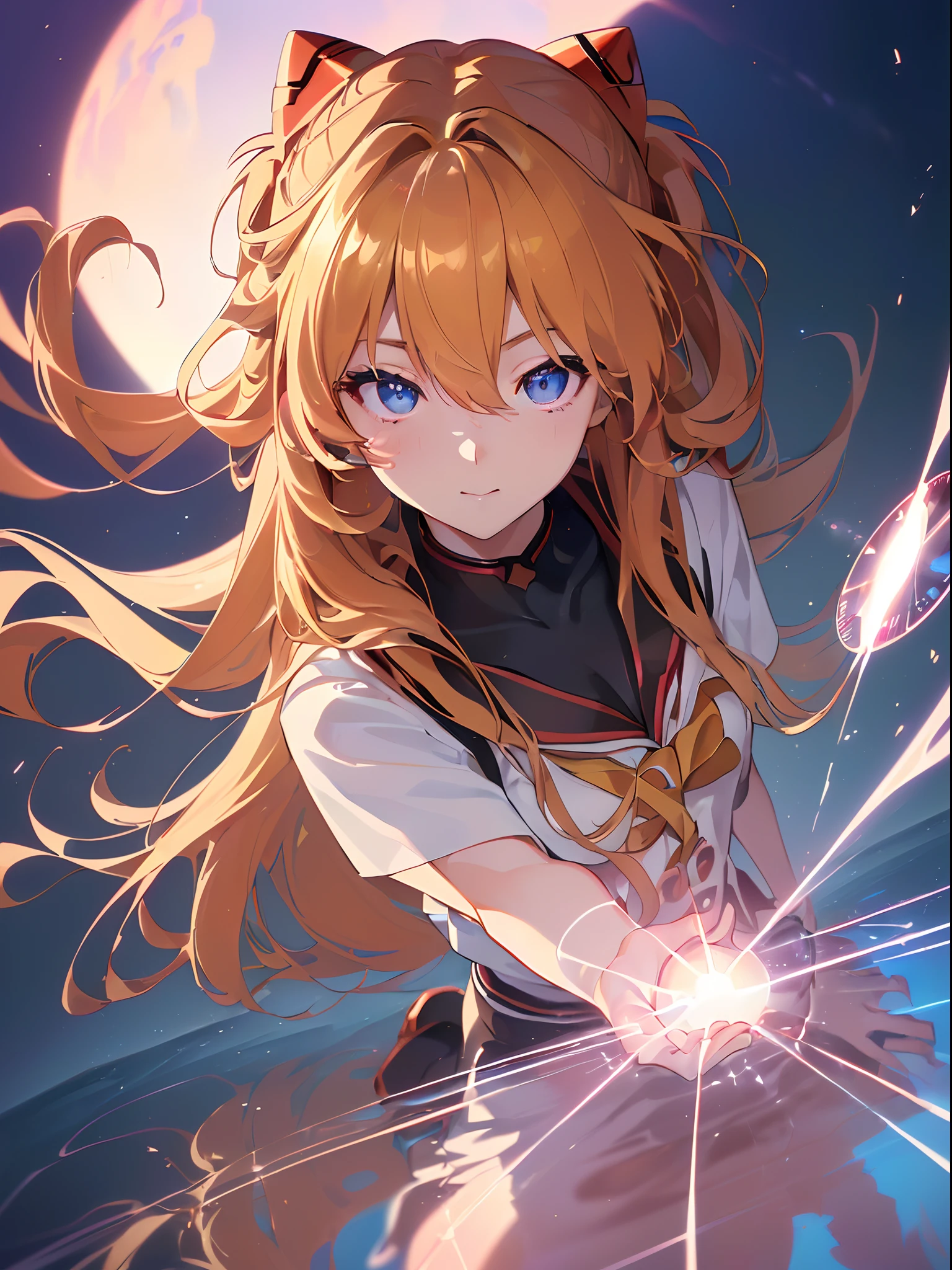 ((souryuu asuka langley, school uniform:1.4, Blonde)),(Glowing eyes:1.233),(seductive smile,blushing,)(Beautiful and detailed eyes:1.1),1girll,Solo,(Masterpiece,Best quality, offcial art,Target the audience, Beautiful and aesthetic:1.2),(超高分辨率,Golden ratio, (4K), looking from below,((above the atmosphere)),Floating, (photon maping, Radio City, Physically-based rendering,automatic white balance),,Amazing,Sharp focus,Rich background, (((highdetailskin,)))Dynamic lighting,Intricately detailed clothing,Glowing eyes,Watery eyes,(masterpiece sidelighting),(a beauty girl,The sheen),[[Delicate fingers and hands:0.55]::0.85],(Detail fingers),((((The DSLR lens is reflected in the eye,Superior photographic quality,ultra-wide-angle)))),((unbelievable Ridiculous)),((extremely_Detailed_Eyes_and_face)),(Disheveled hair),Movie girl,