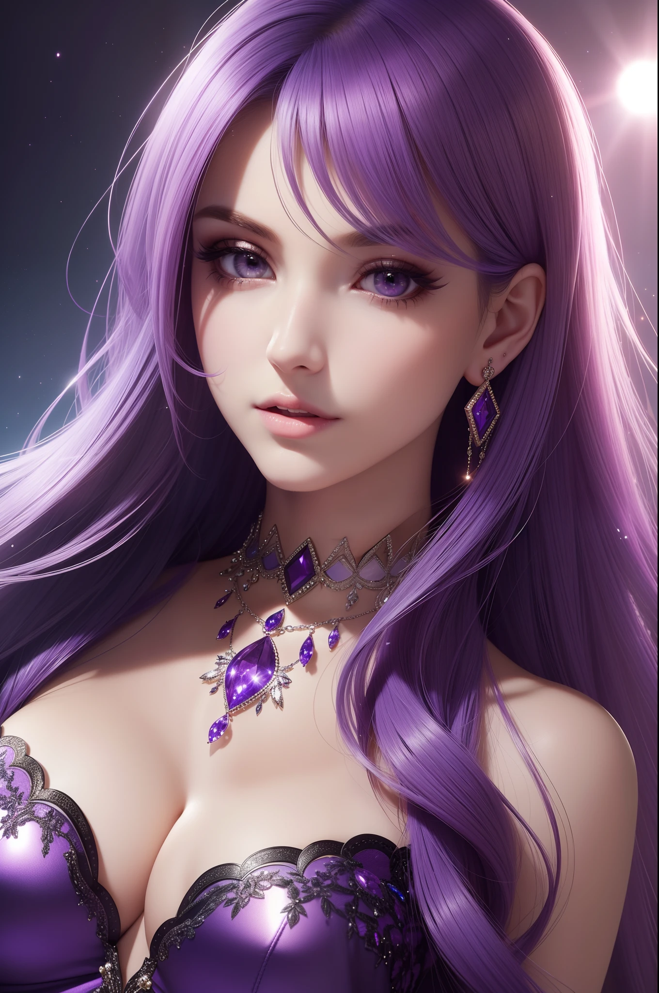 ultra detailed beautiful woman, 25 years-old woman, stunningly beautiful, purple hair, purple dress, purple eyes, her whole head is visible with hair, purple jewel necklace, earrings, purple eyeshadow visible on her eyelids and eyeliner on her eyes, very long eyelashes, stuningly beautiful face, focus on face, holographic, light particles, ultra detailed illustration, hit definition, very bold and vivid colors, 32k resolution, best quality, volumetric lighting, “best quality”, “masterpiece", half of her body is visible, top of her dress is visible, ultra realistic, high-quality detail