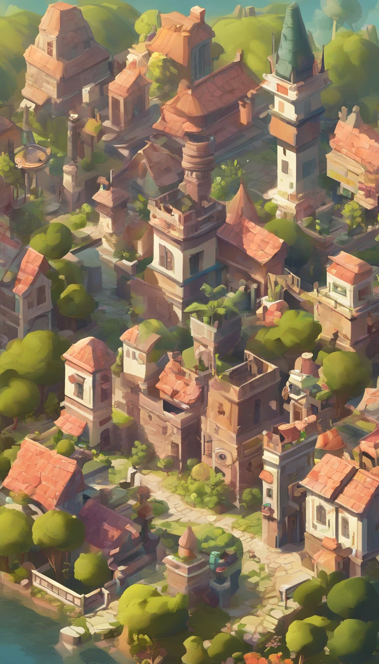 Miniature,Super cute clay world, Isometric view of the city ,Game architectural design, Cartoony,plant house,Plants match the building,casual game style, Botanical architecture, 3D, blender,closeup cleavage,tmasterpiece,super detailing,best qualtiy