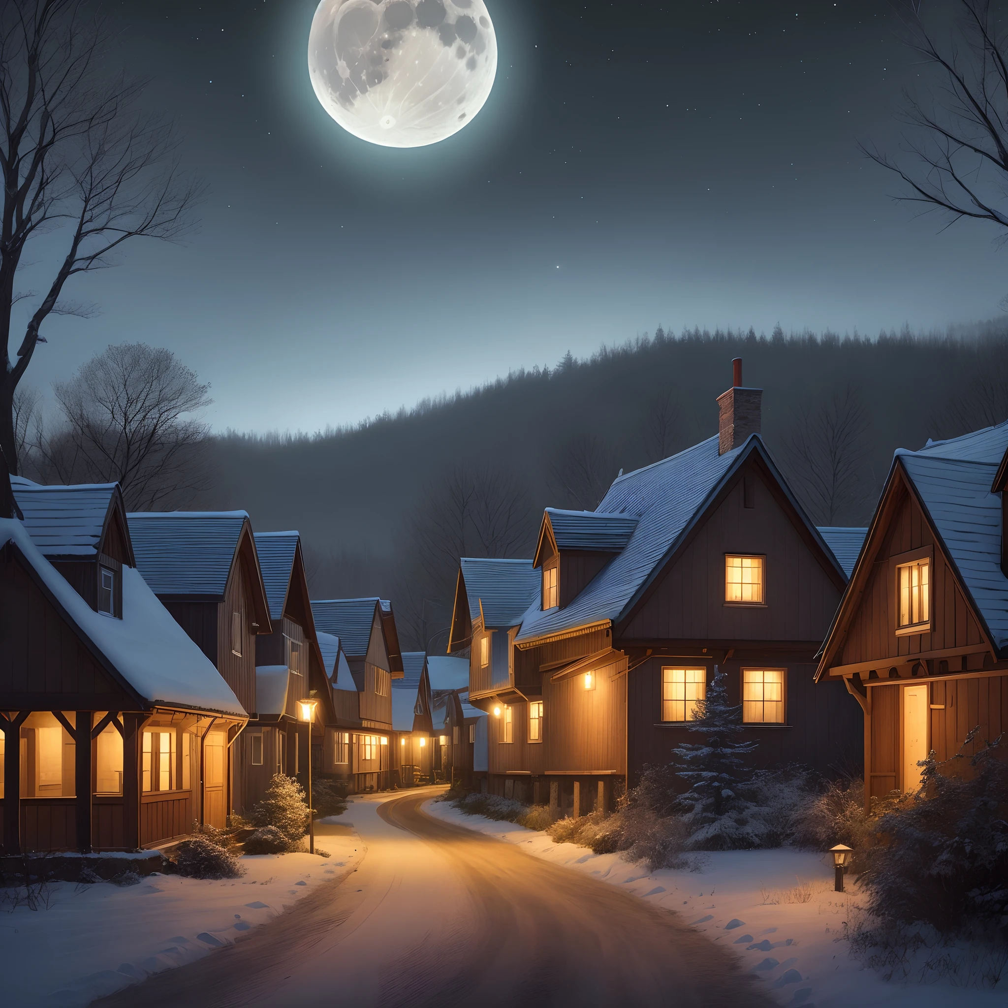 A moonless night over a quiet town nestled in the woods