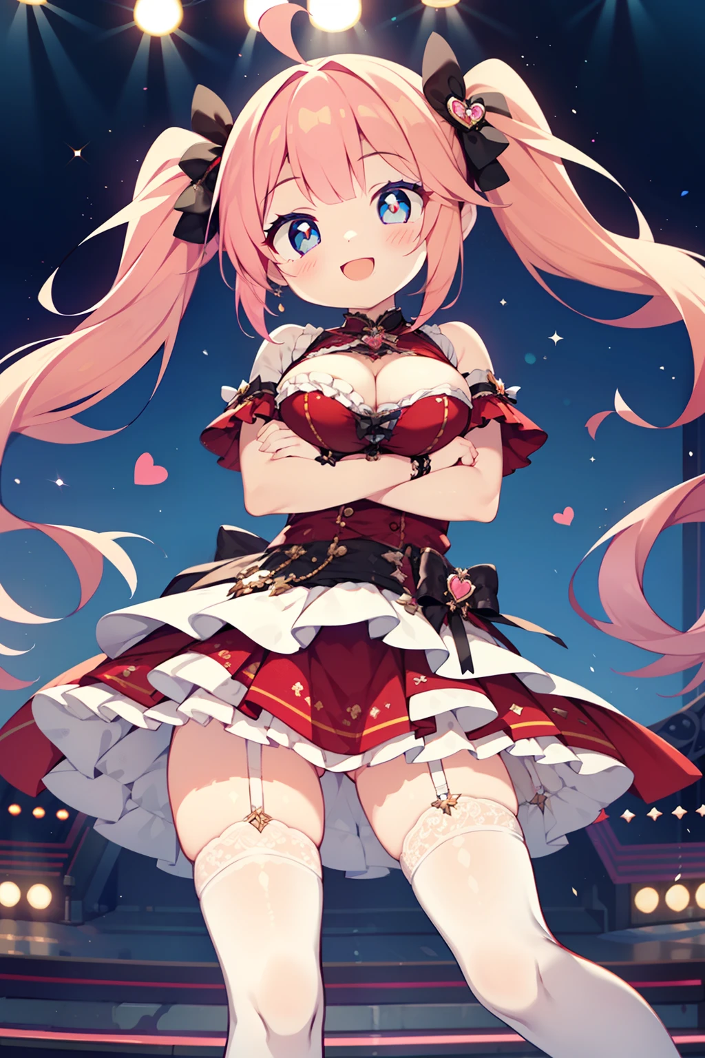 (1girl in:1.2), (Solo:1.2), (masutepiece:0.5), nffsw、Shaders、Brilliant Textured Work、Ultra-detailed eyes、ultra-intricate pupil in eyes、top-quality、Idol、Idol Costumes、Pink hair、Heart-shaped twin tails、red outfit、large full breasts、Breast bulge、cleavage cut out、White inner、Clear eyes、Black eyes、round and large eyes、Clear eyelashes、eye shadow、Opening Mouth、White garter belt、a frilled miniskirt、Clothing with a lot of frills、Idle tights、Idle Shoes、Idol stage、spot light、confeti、Audience in silhouette、From below、Looking here、length hair、huge ahoge、Innocent、Happy smiling face、Angel Smile、Archaic Smile、Skinny Legs、open stance ､crossed arms、