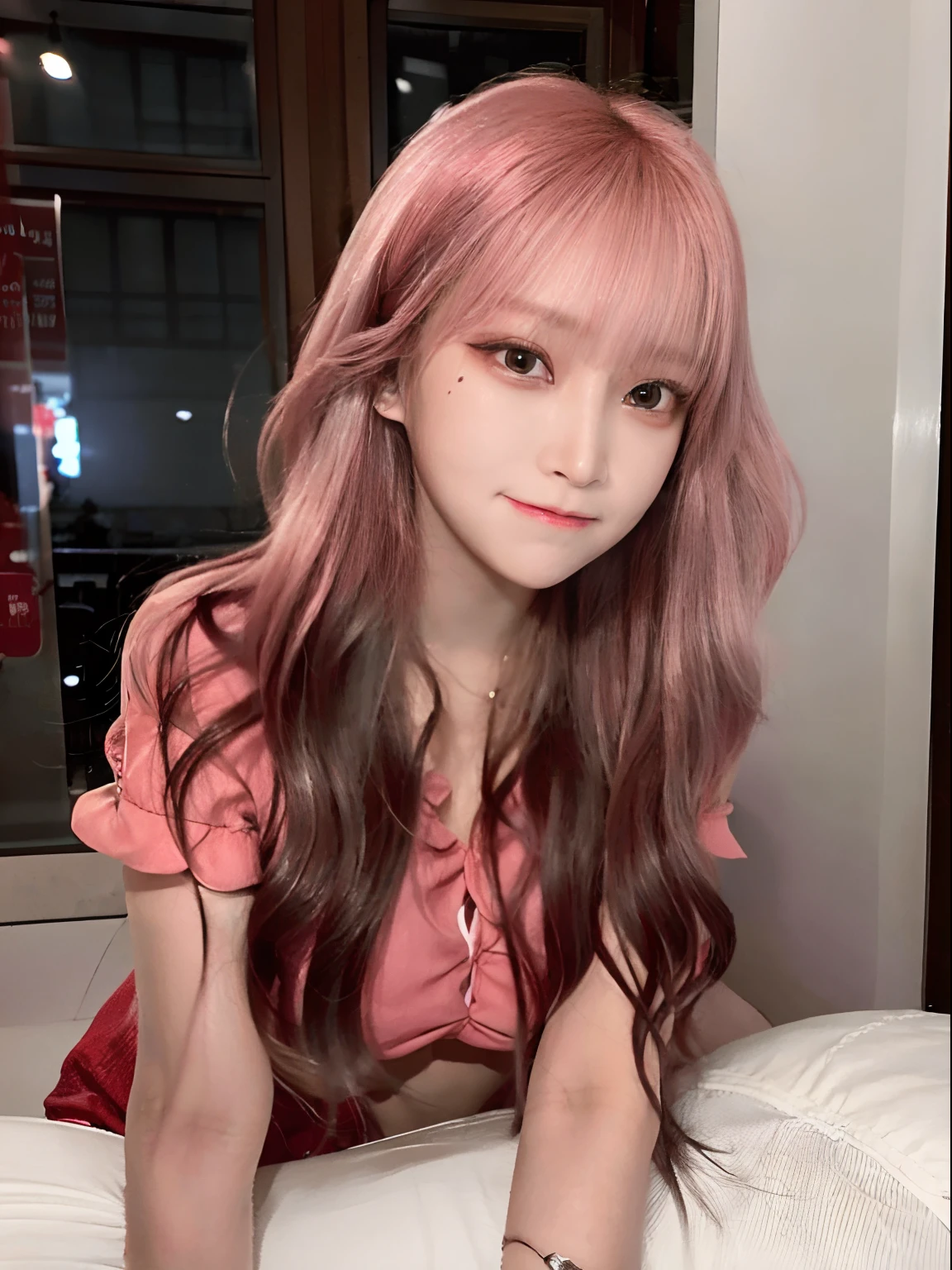 (masterpiece:1.3)、(8K、Photorealsitic、Raw photography、Top image quality: 1.4)、1 Japan High School Girl、(Random hairstyles:1.2)、(large boob)、Super Detail Face、Eye of Detail、二重まぶた、foco nítido:1.2、prety woman:1.4、light brown hair、top-quality、masterpiece、超A high resolution、(Photorealsitic:1.4)、very detailed and professional lighting、slender、(A smile)、(Looking at the camera)、(full body Esbian)、(All hair is dyed pink:1.8)、Anime Cosplay、Sharp Focus