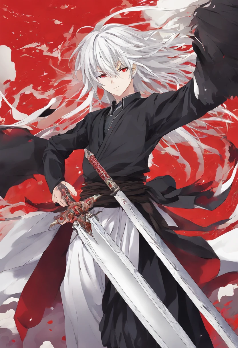 Anime youth, long white hair, white eyes, wearing a black shirt and wide Kurdish pants, holding a red sword, standing on the battlefield, smiling with an evil smile and fierce looks.