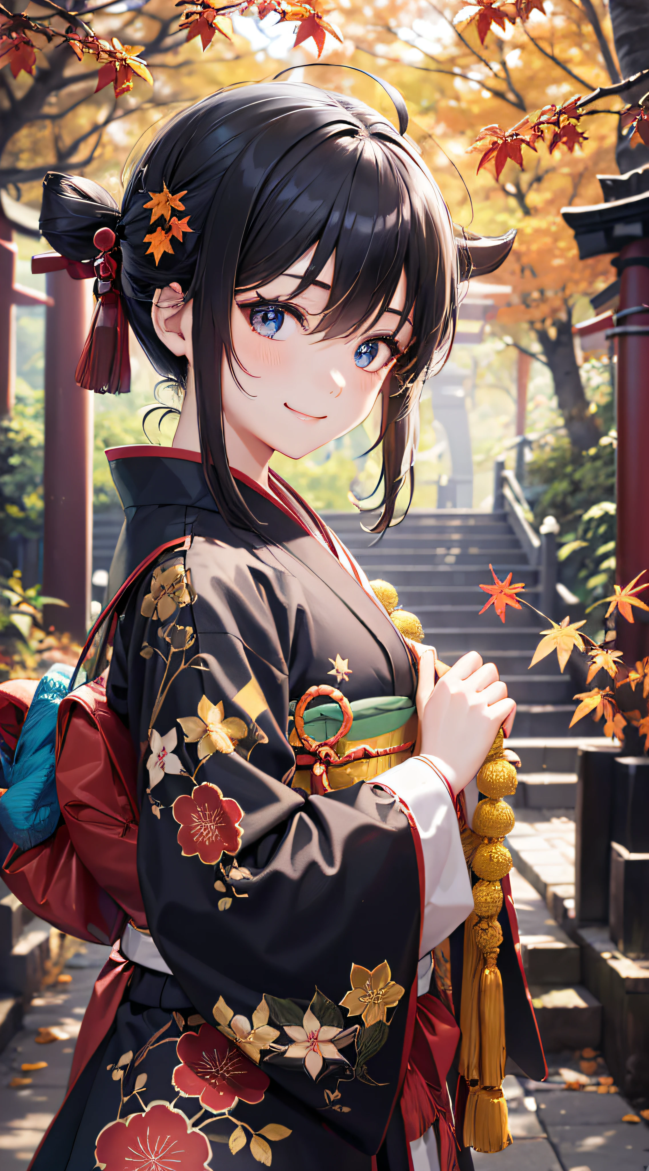 (8K, A masterpice, Best quality at best:1.5), (animesque, illutst:1.3), babes, 独奏, (smile on face:1.2), (short stature:1.5), (Chest circumference small:1.3), ponie tail, a Pretty, (jinja shrine, a forest, autumn leaves:1.3), Kimono, detailed finger, Detailed pupil