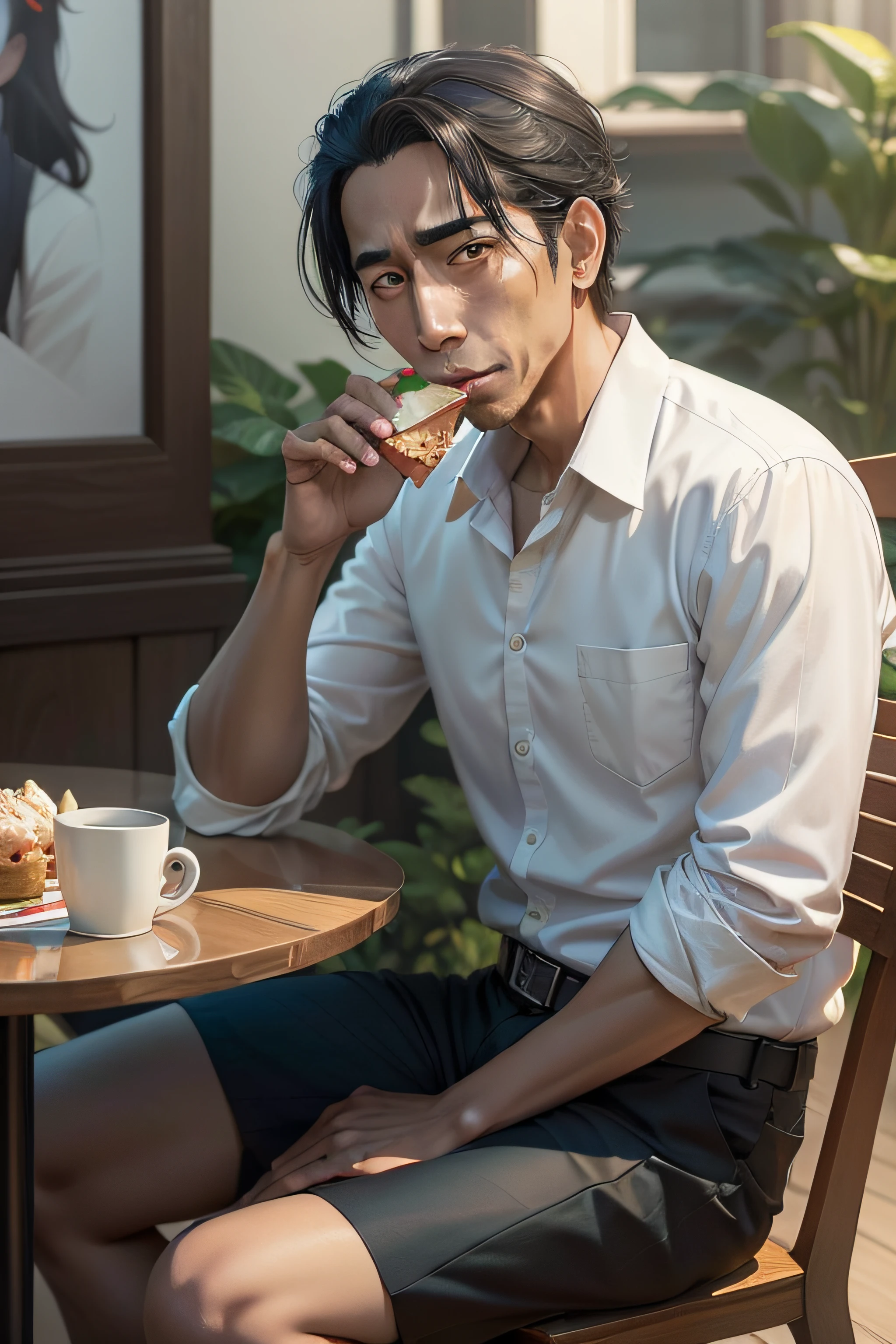 High quality, High detail, Textured skin, Correct dissection, Surrealist details 8K Andy Lau drinking lemon tea, smiling and enjoying the expression