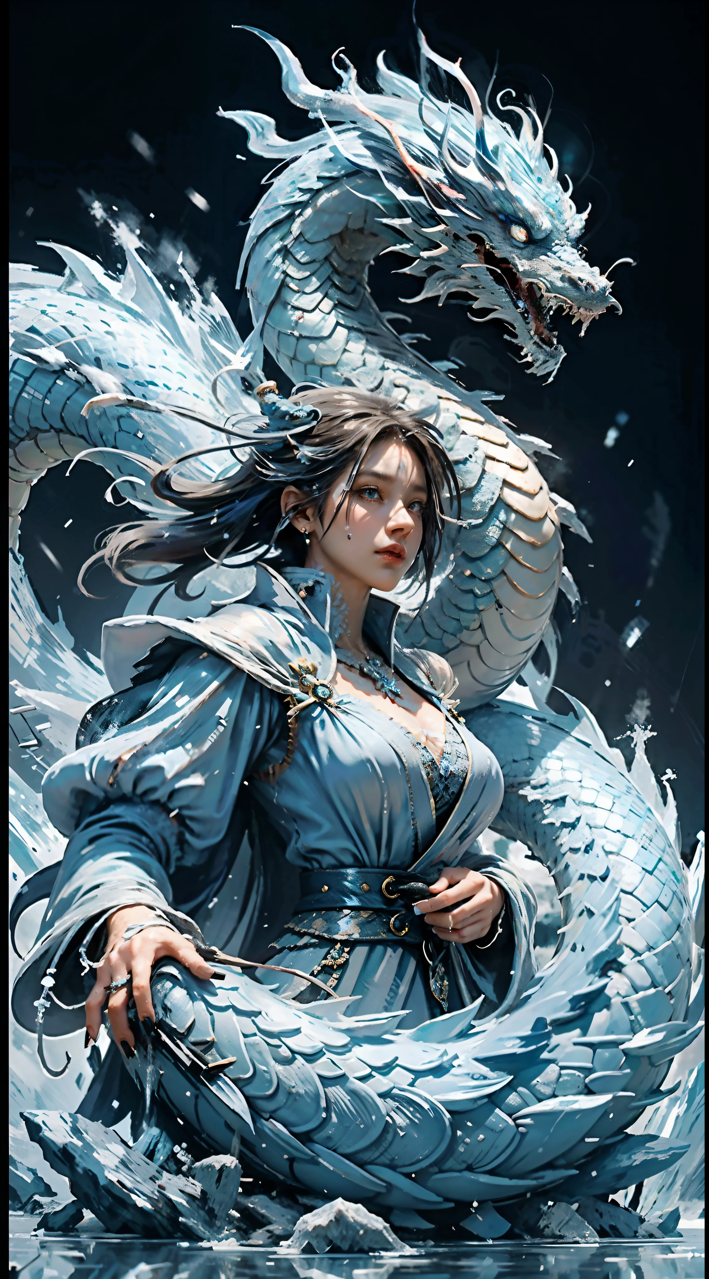 (((1girll)))，Imperial water，A magician，（Loose dress：1.5），（Perfect facial features：1.4），（Blue silk robe），（Mysterious magic formations：1.2），((ice Dragon))，（Ice crystal scales），Blue glow，（Frost wings），Powerful ice magic，Icicles，Towering over the landscape，Blue light cold light，Ice storms，Wind，Flying snow ice and snow，Amazing results，,best qualityer,tmasterpiece,超高分辨率,finely detailled,Complicated details,8K分辨率,8KUCG wallpaper,hdr,water blue,Magic Array,Cinematic lighting effects,lightand shade contrast，Ray traching、NVIDIA RTX