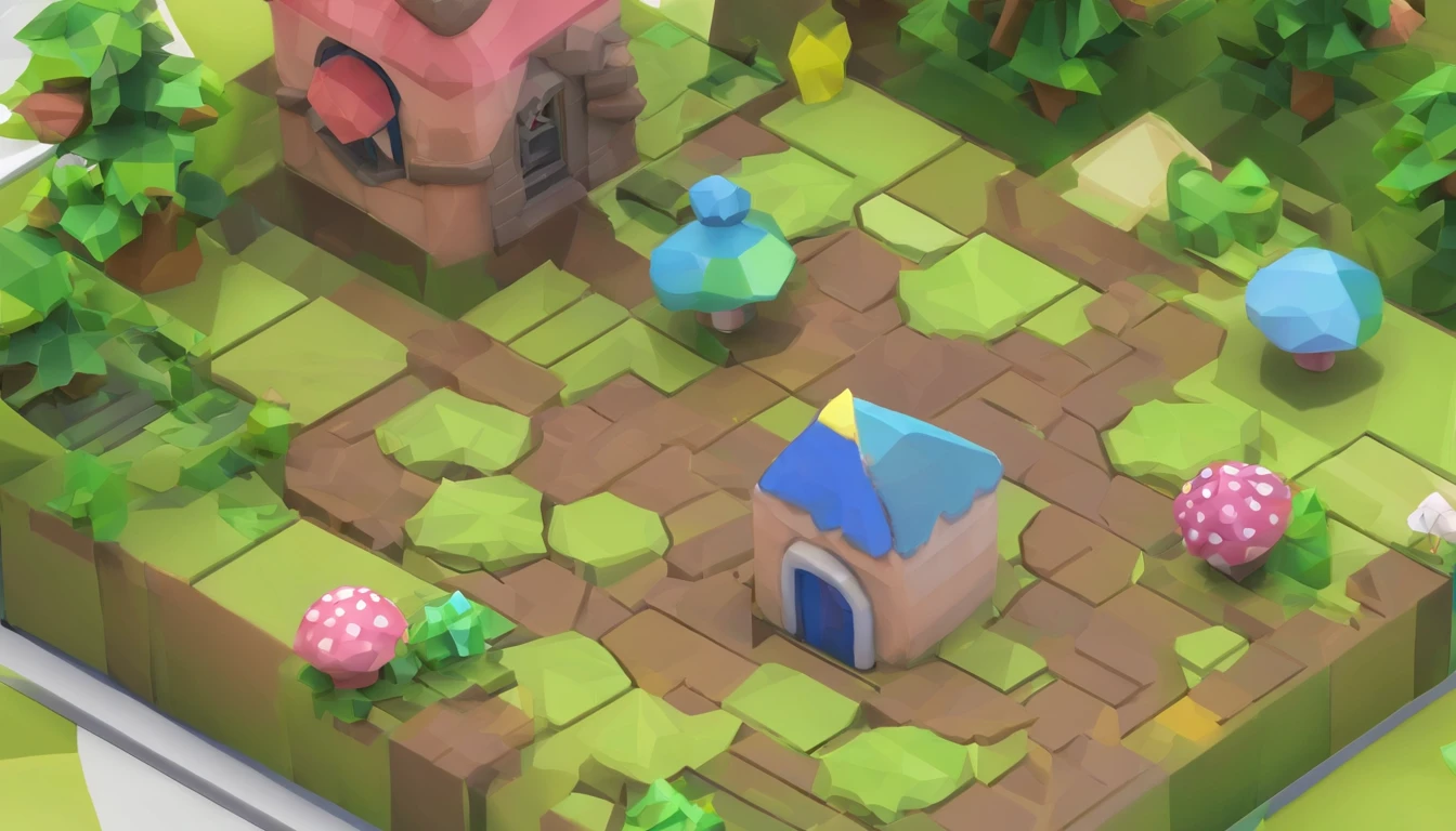 Miniature,Super cute clay world, Isometric view of the city ,Game architectural design, Cartoony,mushroom house,Mushrooms match the architecture,casual game style, Mushroom-shaped building, 3D, blender,closeup cleavage,tmasterpiece,super detailing,best qualtiy