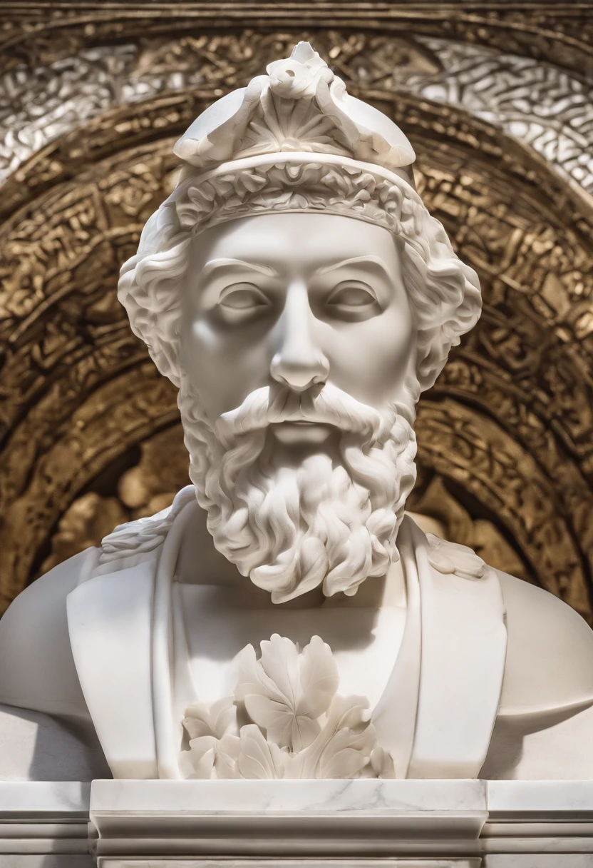 White marble statue of the bust of the wise man with the style of the bearded Greek philosopher in the museum. atmosfera escura, alto contraste de luz e sombra, fotografia profissional, utrarealista, light volumetric, cinemactic