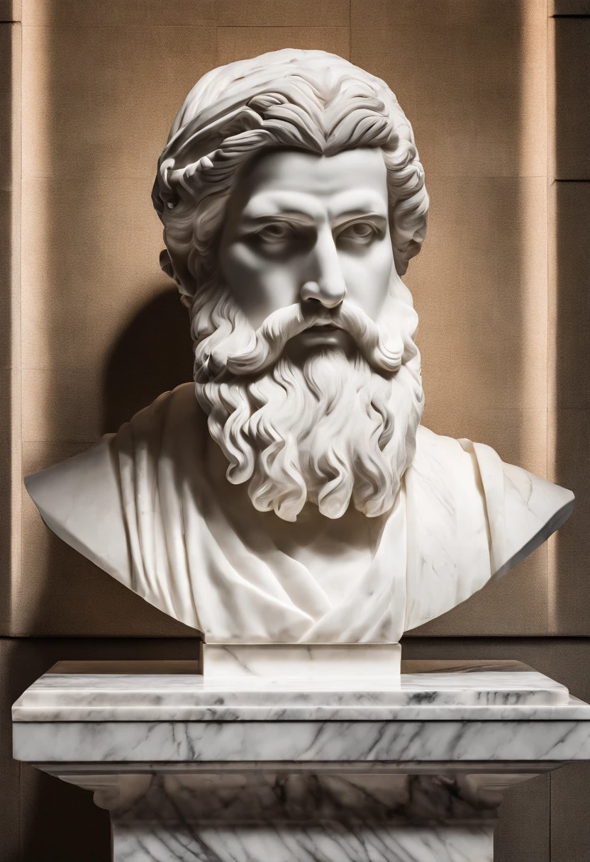 White marble statue of the bust of the wise man with the style of the bearded Greek philosopher in the museum. atmosfera escura, alto contraste de luz e sombra, fotografia profissional, utrarealista, light volumetric, cinemactic