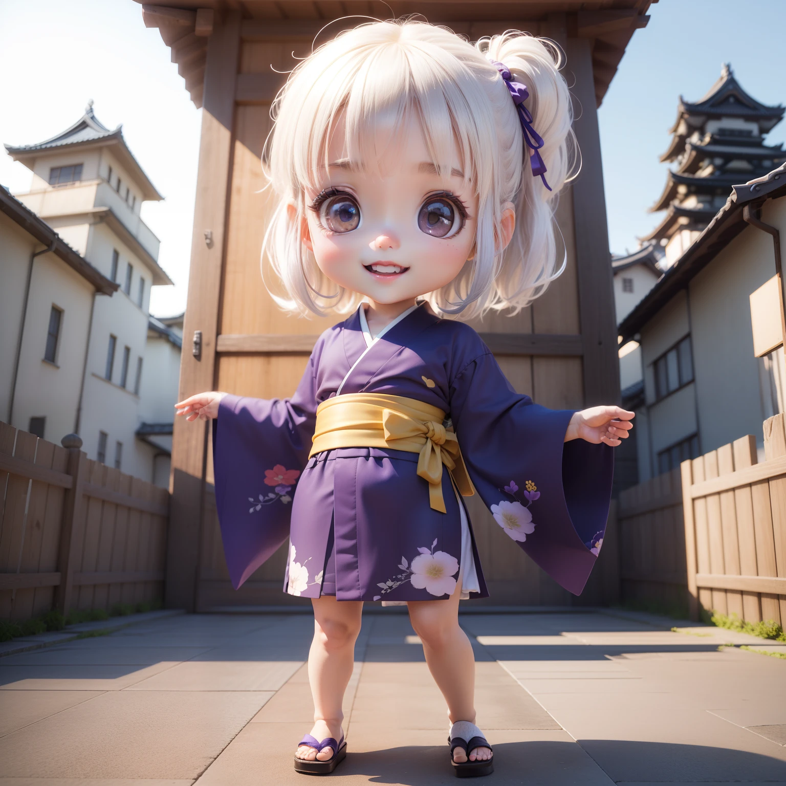 Cute Baby Chibi Anime、(((Chibi 3D))) (Best Quality), (masutepiece)、Chibi Model、Photo session、Blue and purple kimono、Hyogo、Himeji Castle、outside of house、Open your mouth and smile、Japan flip flops、A detailed face、Perfect Detail、Standing、white hair、