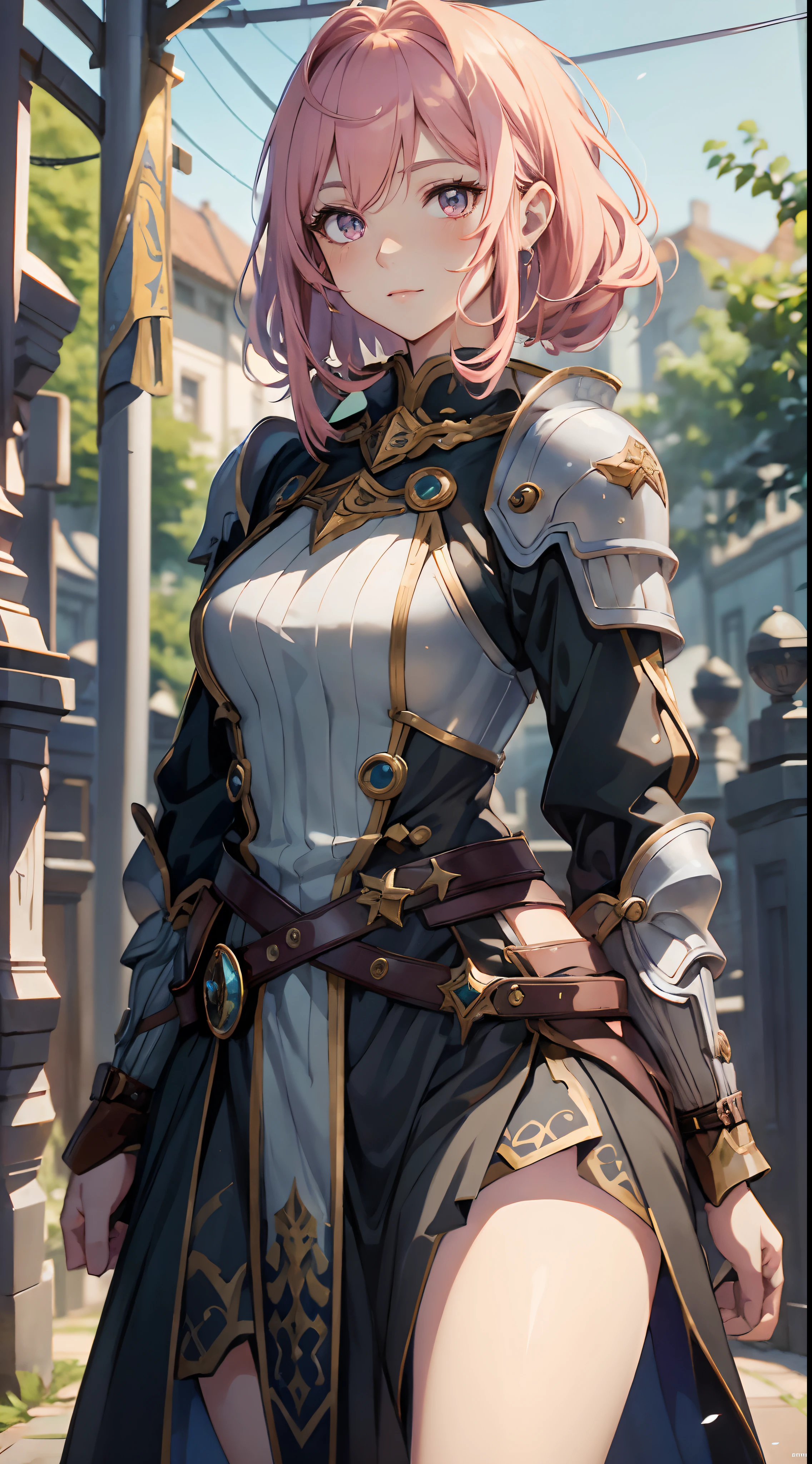 1 girl anime in a dress, pink hair, cushart krenz key art feminine, portrait knights of zodiac girl, standing, extremely detailed eyes and face, Realistic, extremely detailed CG unified 8k wallpaper, Highly detailed, High-definition raw color photos, professional photograpy, Realistic portrait, Cinematic Light, Beautiful detailed, alluring elf princess knight, astri lohne, smile, Full body, High quality, (((Bokeh))), depth of field