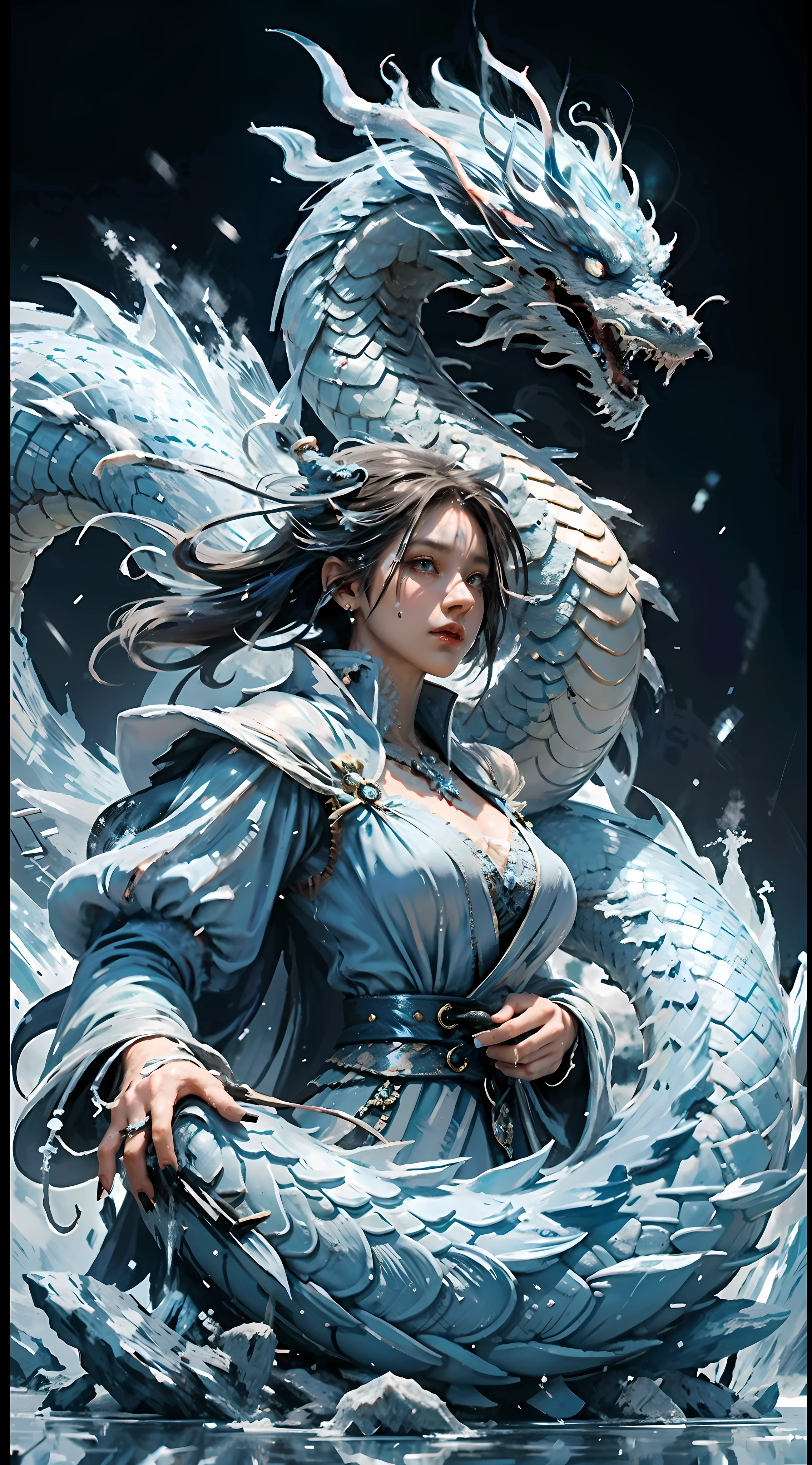 (((1girll)))，Imperial water，A magician，（Loose dress：1.5），（Perfect facial features：1.4），（Blue silk robe），（Mysterious magic formations：1.2），((ice Dragon))，（Ice crystal scales），Blue glow，（Frost wings），Powerful ice magic，Icicles，Towering over the landscape，Blue light cold light，Ice storms，Wind，Flying snow ice and snow，Amazing results，,best qualityer,tmasterpiece,超高分辨率,finely detailled,Complicated details,8K分辨率,8KUCG wallpaper,hdr,water blue,Magic Array,Cinematic lighting effects,lightand shade contrast，Ray traching、NVIDIA RTX