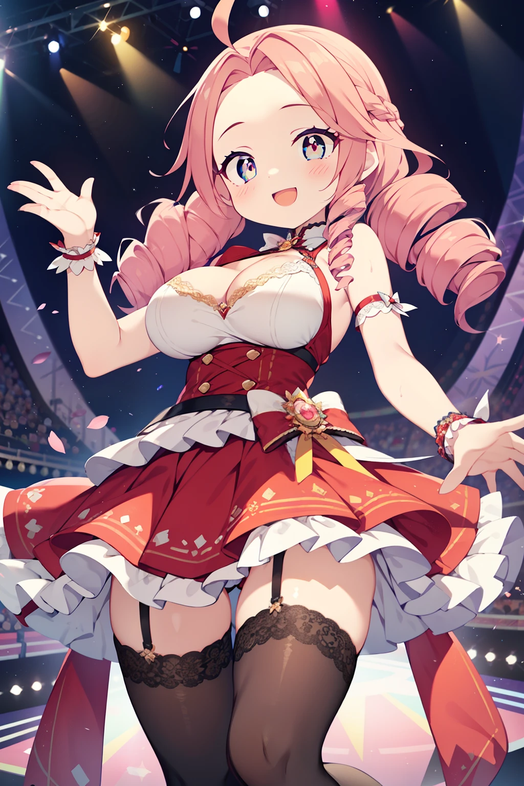(1girl in:1.2), (Solo:1.2), (masutepiece:0.5), nffsw、Shaders、Brilliant Textured Work、Ultra-detailed eyes、ultra-intricate pupil in eyes、top-quality、Idol、Idol Costumes、Pink hair、forehead 、shiny hair 、drill hair 、red outfit、large full breasts、Breast bulge、cleavage cut out、White inner、Clear eyes、Black eyes、round and large eyes、Clear eyelashes、eye shadow、Opening Mouth、White garter belt、a frilled miniskirt、Clothing with a lot of frills、Idle tights、Idle Shoes、Idol stage、spot light、confeti、Audience in silhouette、From below、Looking here、length hair、huge ahoge、Innocent、Happy smiling face、Angel Smile、Archaic Smile、Skinny Legs、facing at viewer 、stylish pose 、