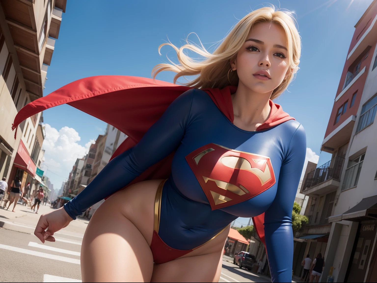 Supergirl milf loira plus size 30 anos, natural medium breasts, corpo plus size, visible whole body, barriga saliente, Detalhes perfeitos dos poros da pele, Perfect hand details, She's flying through the city sky, Cidade de plano de fundo, Fantasia Sexy Supergirl bodysuit, mostrando as pernas, micro calcinha vermelha cavada, top azul, top decotado, barriga saliente, visible whole body, blonde hair, Longas, Capa Vermelha Fluindo, Background of an apocalyptic destroyed city, daytime period, lifelike lighting, Perfect hand details, realistic medium breasts, decote, barriga saliente, seios coberto, roupa colada.