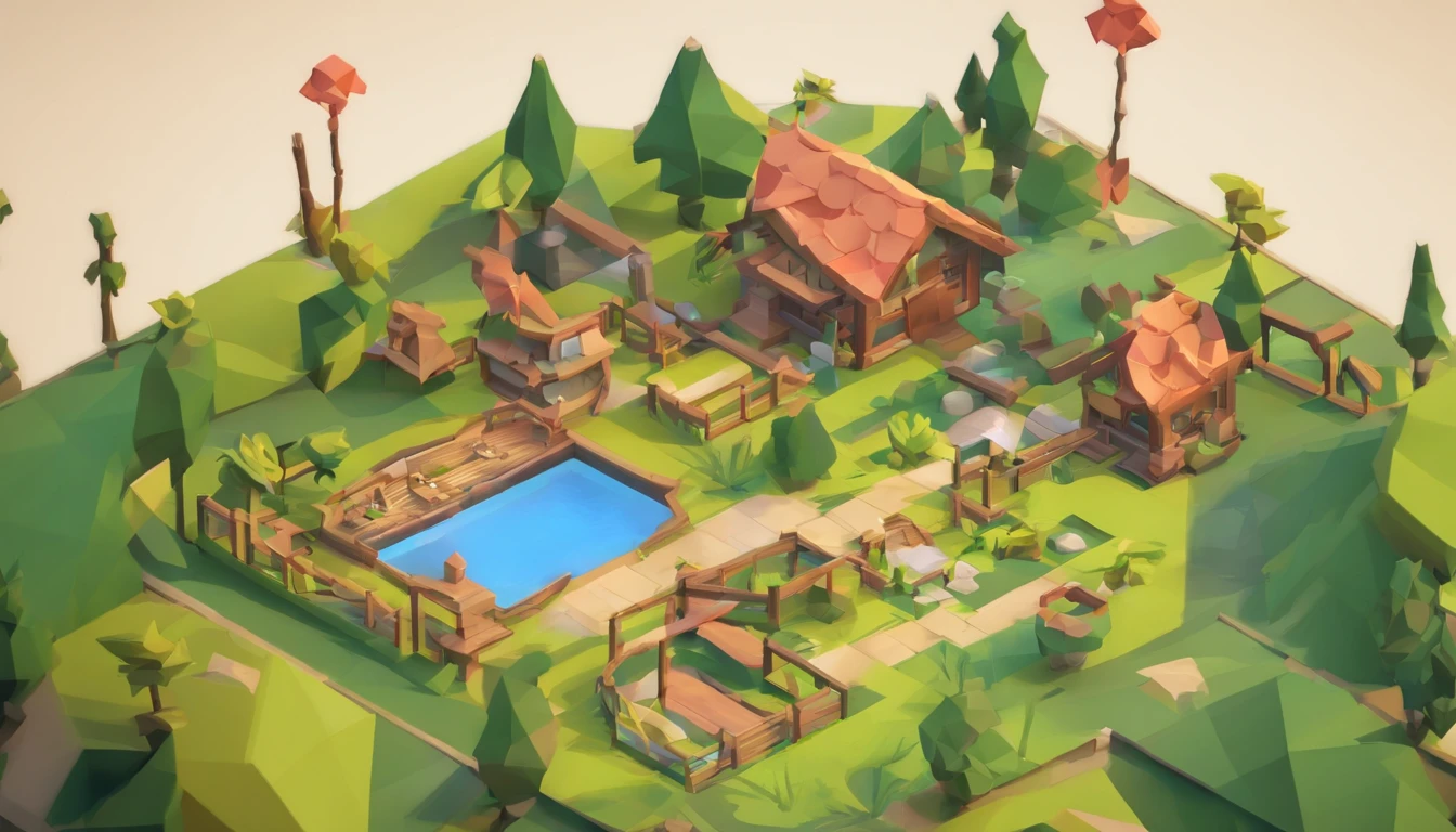 Miniature,Super cute clay world, Isometric view of the city ,Game architectural design, Cartoony,bamboo huts，Plants match the building，casual game style, Botanical architecture,。.3D, blender，closeup cleavage，tmasterpiece，super detailing，best qualtiy