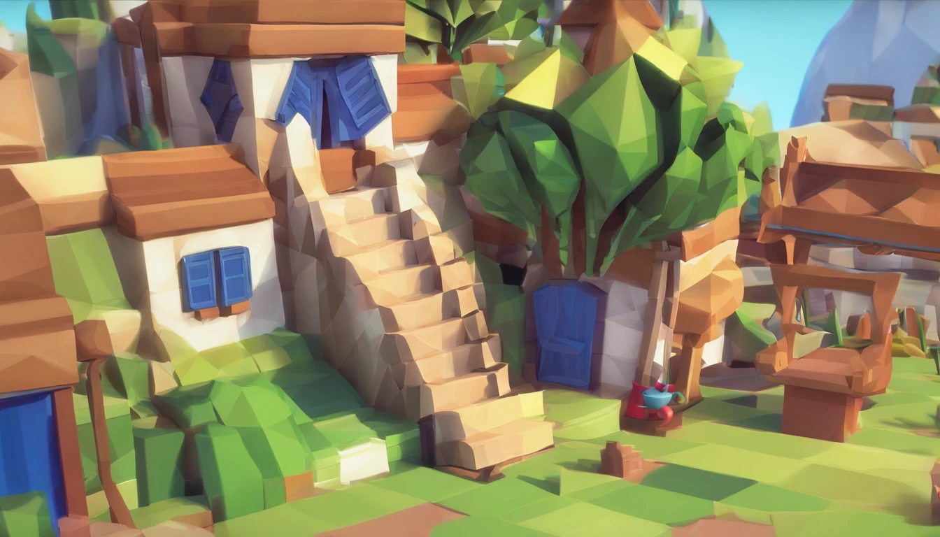 Miniature,Super cute clay world, Isometric view of the city ,Game architectural design, Cartoony,bamboo huts,Plants match the building,casual game style, Botanical architecture,。.3D, blender,closeup cleavage,tmasterpiece,super detailing,best qualtiy