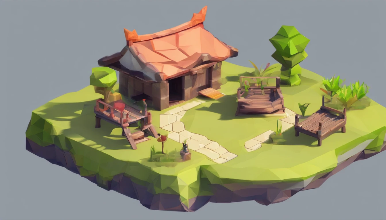 Miniature,Super cute clay world, Isometric view of the city ,Game architectural design, Cartoony,bamboo huts,Plants match the building,casual game style, Botanical architecture,。.3D, blender,closeup cleavage,tmasterpiece,super detailing,best qualtiy