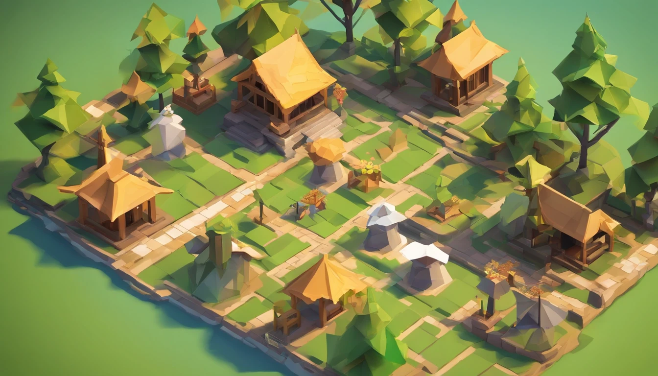 Miniature,Super cute clay world, Isometric view of the city ,Game architectural design, Cartoony,bamboo huts，Plants match the building，casual game style, Botanical architecture,。.3D, blender，closeup cleavage，tmasterpiece，super detailing，best qualtiy