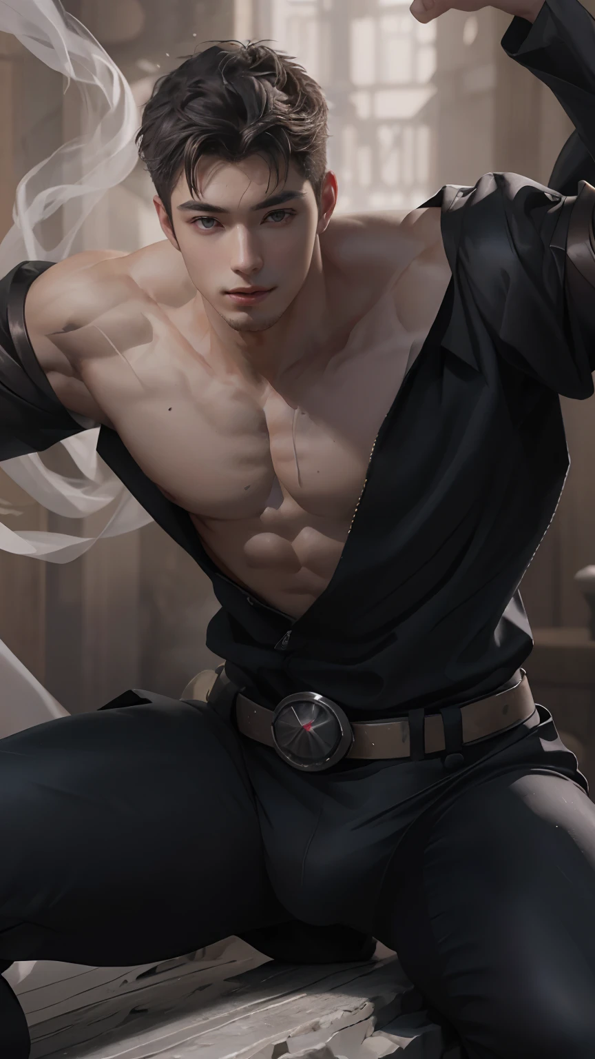 1 man, (male model) hot skin, masterpiece, best qualities, most handsome man in the world, by Tham Quan, perfect body, beautiful male model, an attractive man lead 18-24 years old aesthetic, plain, stone, smoke, technology, science fiction, rough and handsome young man in transparent white robe, transparent white fabric, shirtless jacket shoulders, chest muscles exposed, thighs exposed, ((transparent white briefs exposed)), (male focus), (smooth body)), smile, super cute, dynamic pose, cool and seductive , dramatic lighting, full body shot, full body shot, young face, full body, hairless body, tall and thin, well proportioned body, outstanding, white or white skin , Young face, Toned body solid, Hd, Natural skin tones, soft lighting, Highly detailed, Looking at audience, photography, Detailed skin, real people, realistic, photorealistic, Crazy details, Facial details , Maximize Exaggeration , Exaggerated Surrealism , film , telephoto , light complex detail , High Detail , High Detail , Digital painting , artstation , concept art , smooth focus which, sharp, illustrated, Unreal Engine 5, 8K, art by Ross Tran and Greg Rutkowski and Alphonse Mucha, UHD, 8k, Show just for men .8k Ultra HD, DSLR, low light, high quality , film grain, Fujifilm XT3, male fan, 2 person model, two people, superman.