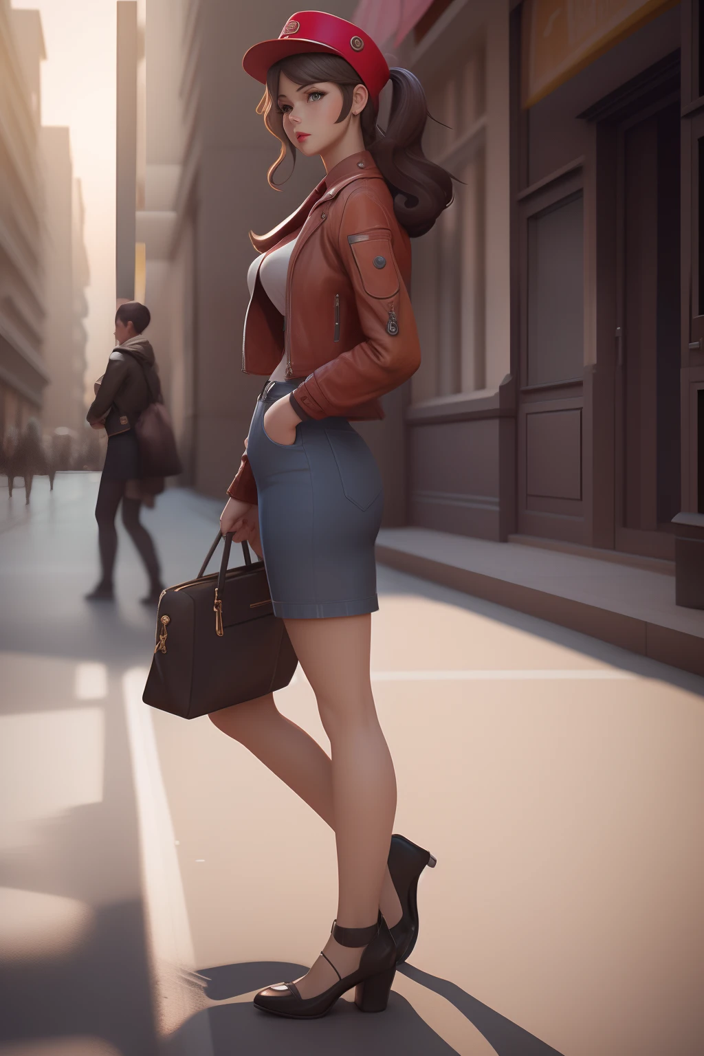 3D model, 3dmdt1, 3d render, photo photorealism photorealistic full body shot from side, 1girl, beautiful girl in 50's fashion on street, looking at the viewer