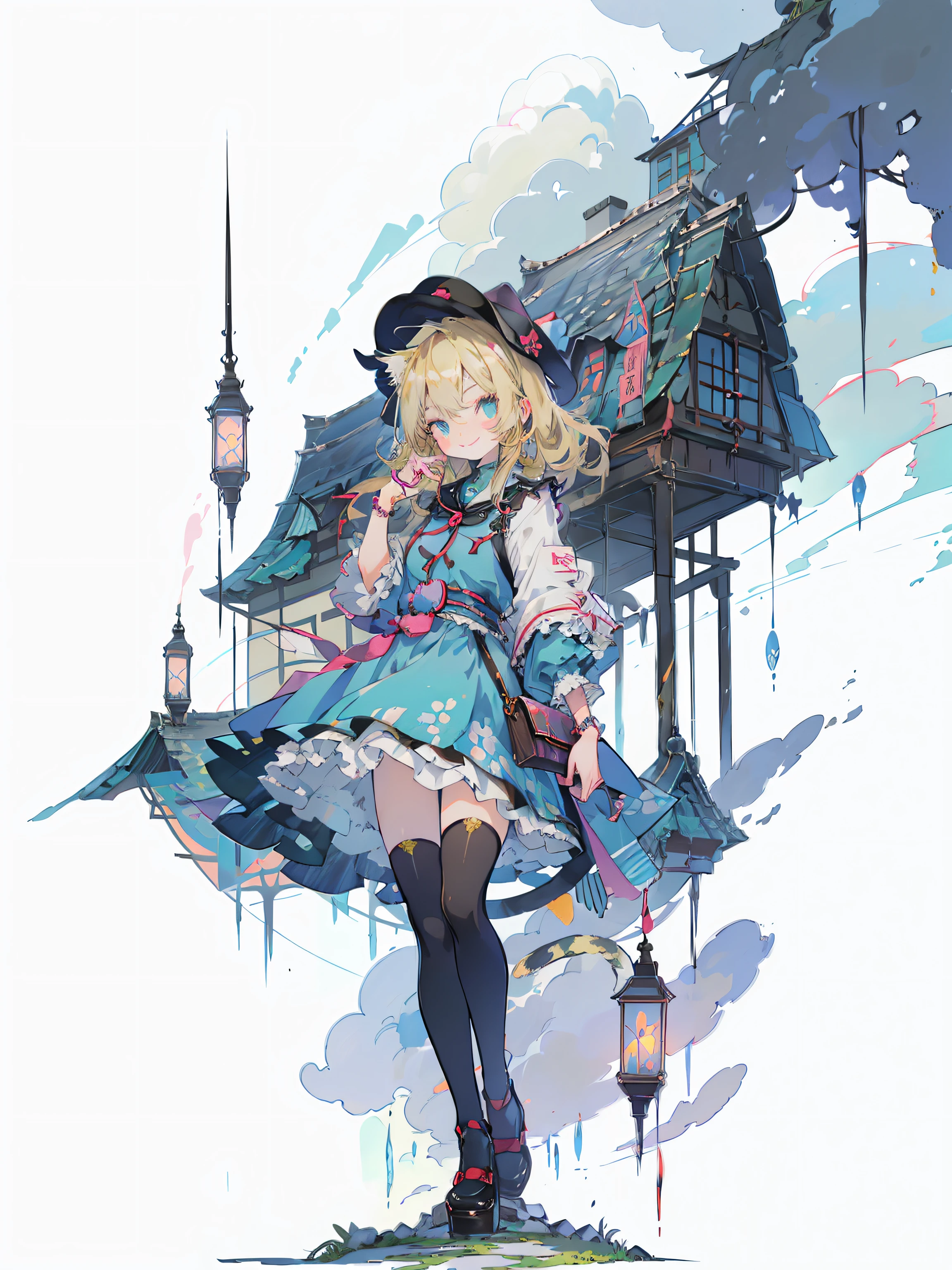 ((masutepiece, Best Quality: 1.1), ((Anime girl in blue dress with travel bag)), anime cat girl in a maid costume,The season is autumn lori, ((a blond))、The long-haired、Very Beautiful Anime Cat Girl, anime catgirl, ((white knee highs)), attractive cat girl, inspired by Leiko Ikemura, aya takano color style, in ryuuou no oshigoto art style, Cat Girl, touhou character, Rei Hiroe、With a smile