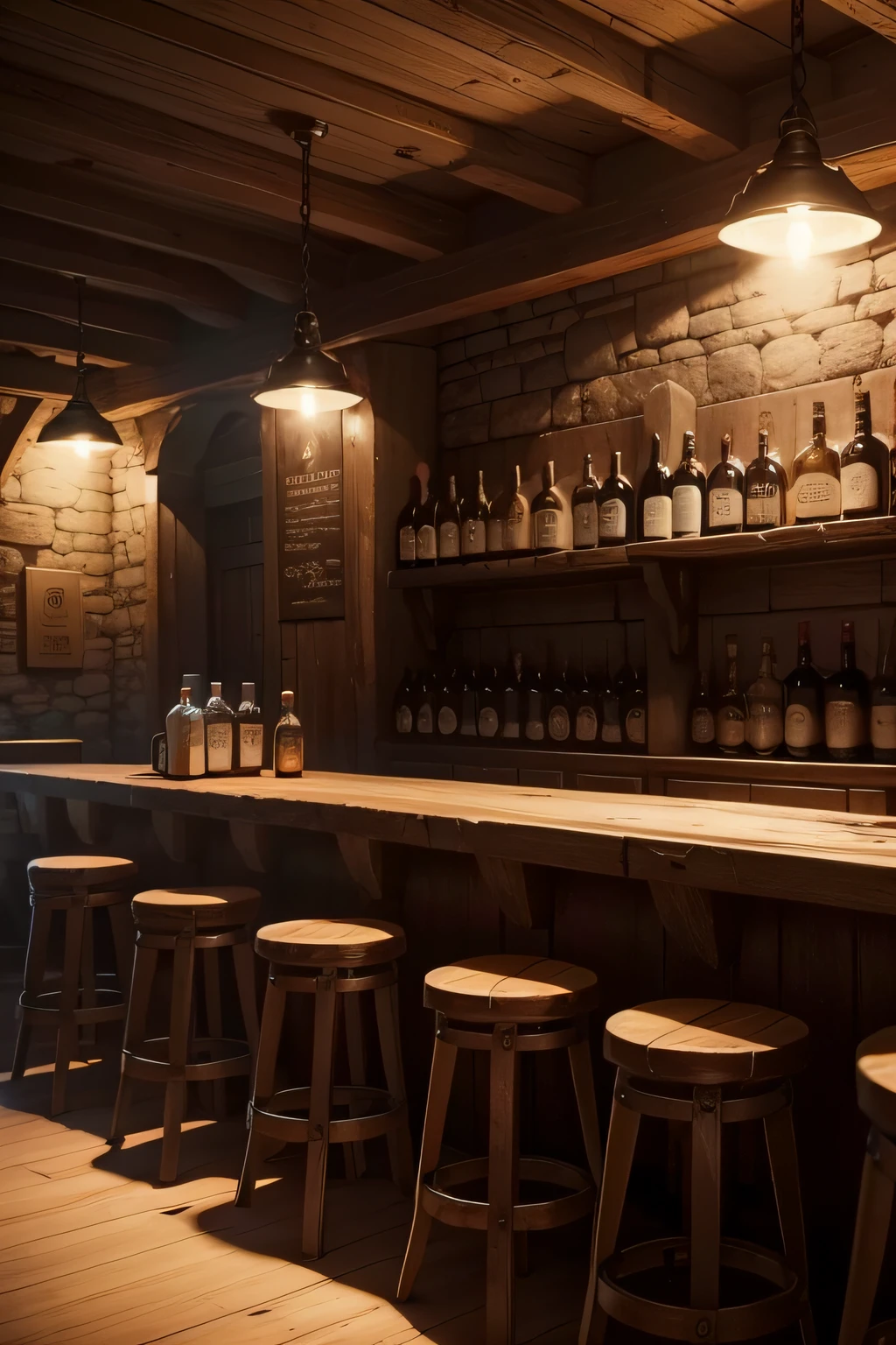 an empty tavern with many bottles of rum and mead on the wall behind the tavern