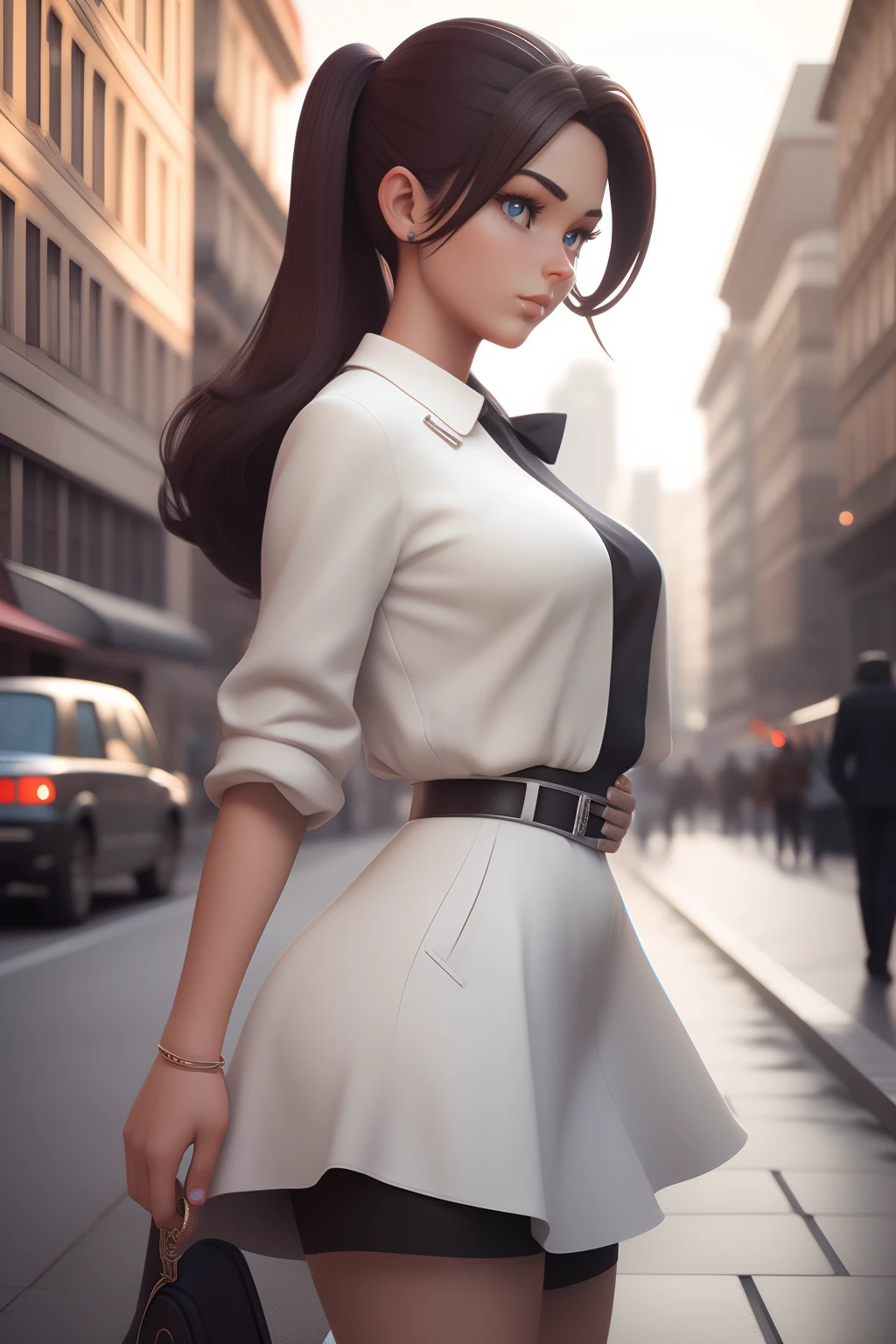 3D model, 3dmdt1, 3d render, photo photorealism photorealistic full body shot from side, 1girl, beautiful girl in 60's fashion on street, looking at the viewer