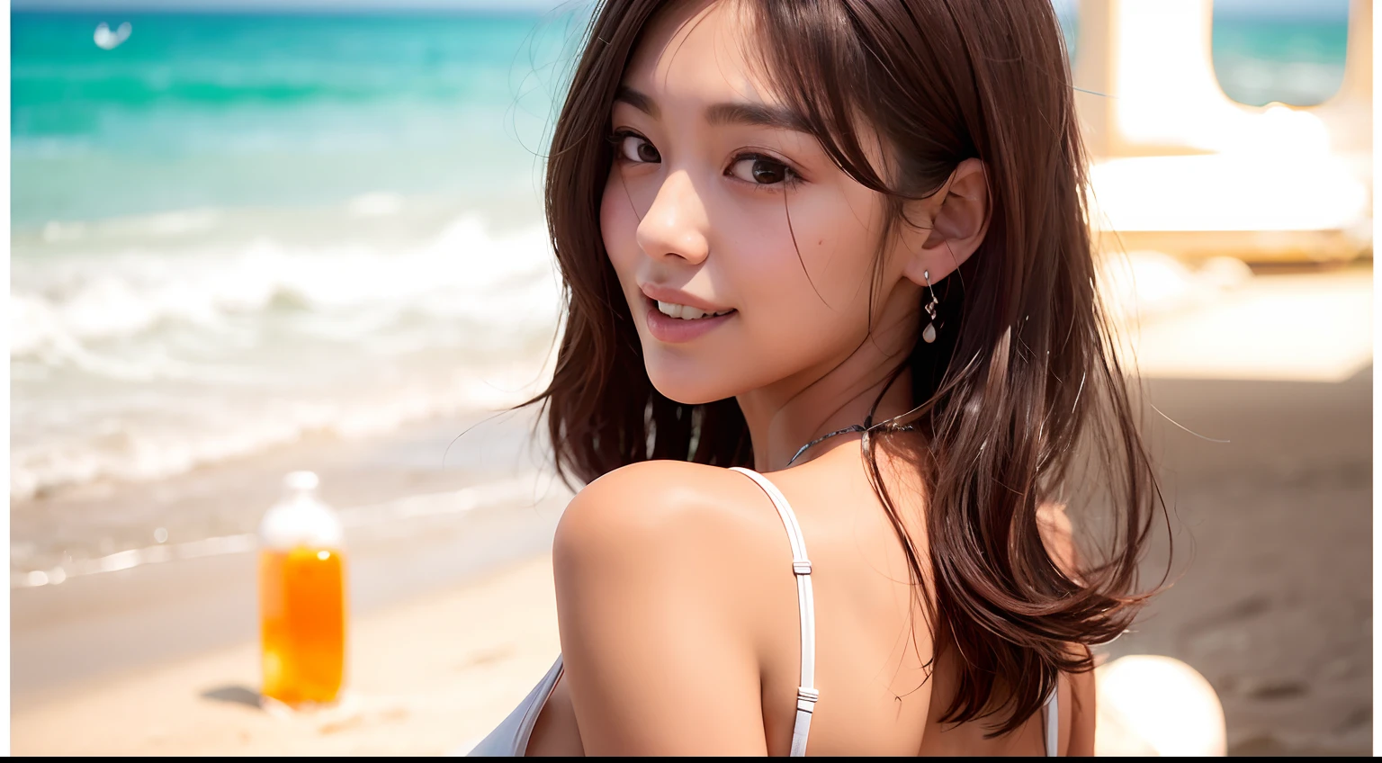 waves, Ibiza Beach, sandy beach background, korean woman, one-piece, very big eyes, Very sexy woman, Light brown long hair, a delicate face, high resolucion, 8K, Extremely detailed, Beautiful detailed eyes, Best Quality, A highly detailed, Detailed face, Solo, 1 Girl, , Very big eyes, large full breasts, seaside