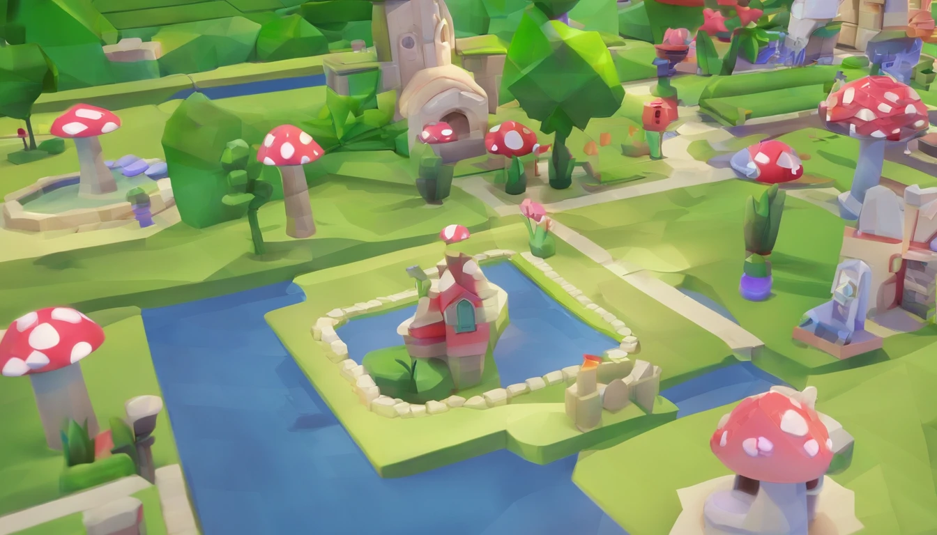 Miniature,Super cute clay world, Isometric view of the city ,Game architectural design, Cartoony,mushroom house，Mushrooms match the architecture，casual game style, Carrot building,C4D，closeup cleavage，tmasterpiece，super detailing，best qualtiy