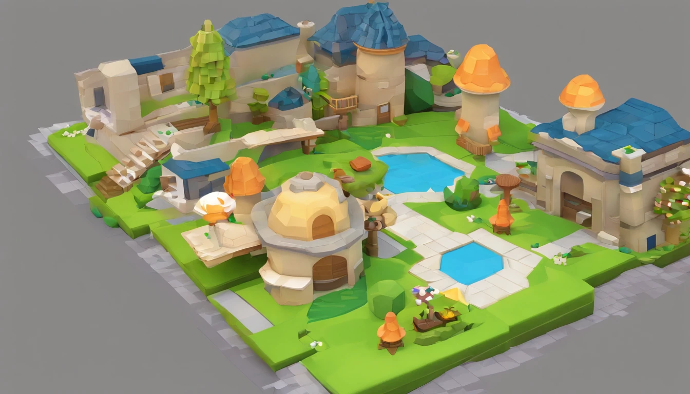 Miniature,Super cute clay world, Isometric view of the city ,Game architectural design, Cartoony,mushroom house,Mushrooms match the architecture,casual game style, Carrot building,C4D,closeup cleavage,tmasterpiece,super detailing,best qualtiy