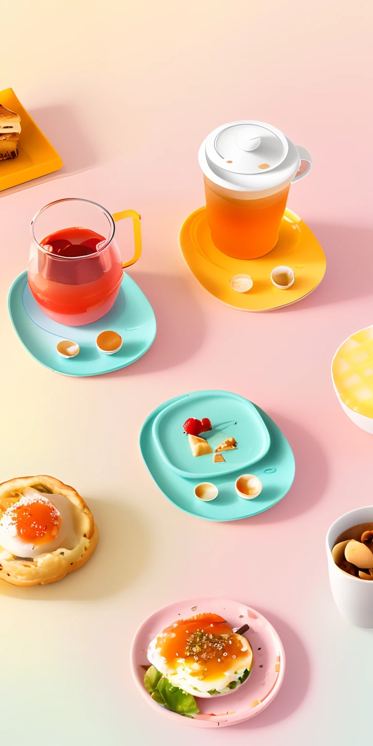 There are many different types of breakfast items on the table, toasting, ko-fi, designed for cozy aesthetics!, product introduction photos, cartoon brew, product design shot, warm and joyful atmosphere, 8, zun, 1 0, 10, hue, designed in blender, y2k design, Official product image, 6, lofi, inspired by Arthur Pan