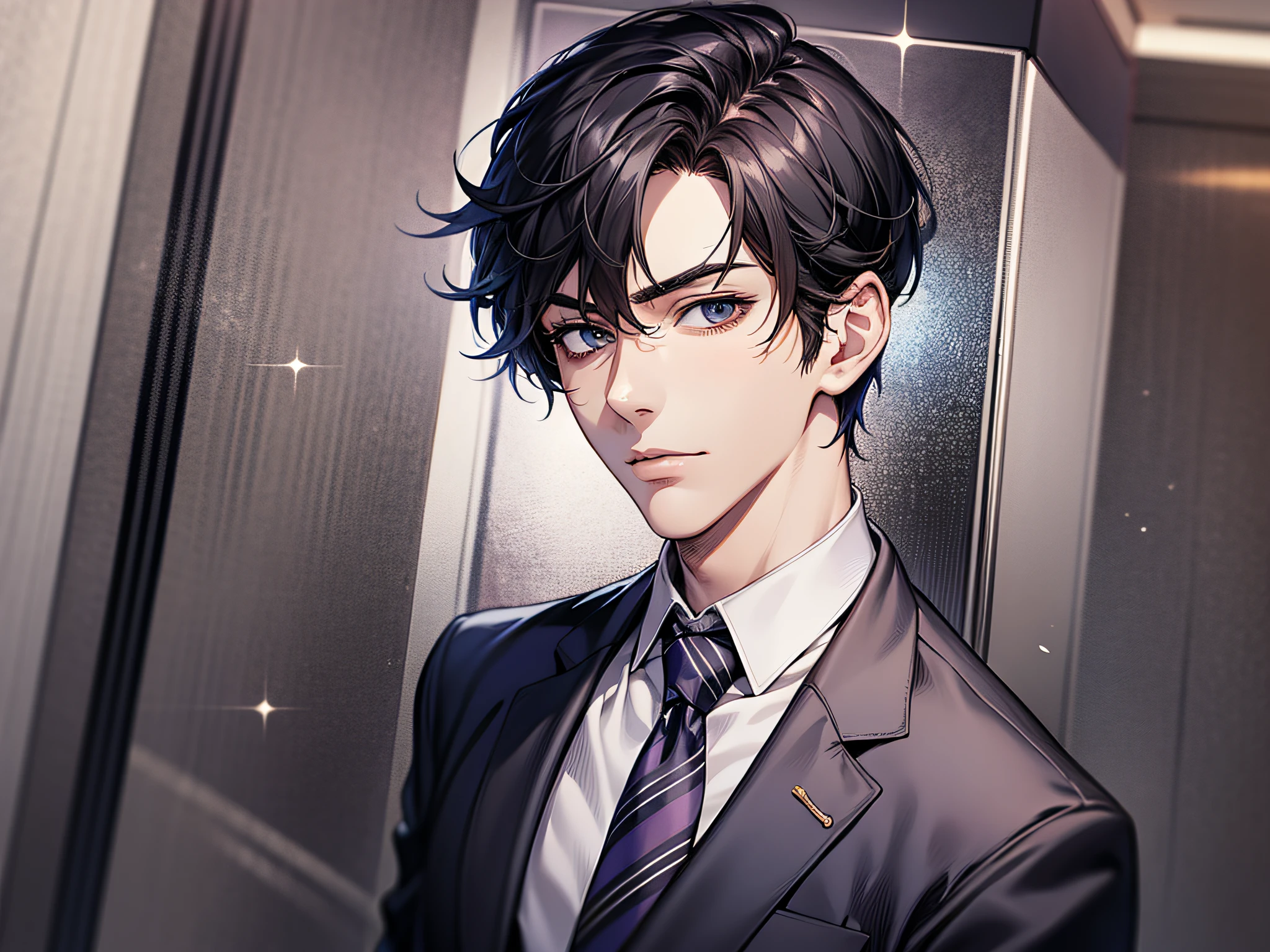 Be undress、T Masterpiece at the hotel,best qualtiy,1 male,AS-Adult,With short black hair,The shirt, seminude、anime handsome guy,Wearing a strict business suit, Dark suit, Handsome anime pose in suit and tie, Handsome stunning realistic,