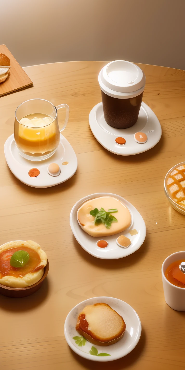 There are many different types of breakfast items on the table, toasting, ko-fi, designed for cozy aesthetics!, product introduction photos, cartoon brew, product design shot, 8, warm and joyful atmosphere, zun, 1 0, hue, 10, y2k design, designed in blender, Official product image, 6, lofi, inspired by Arthur Pan