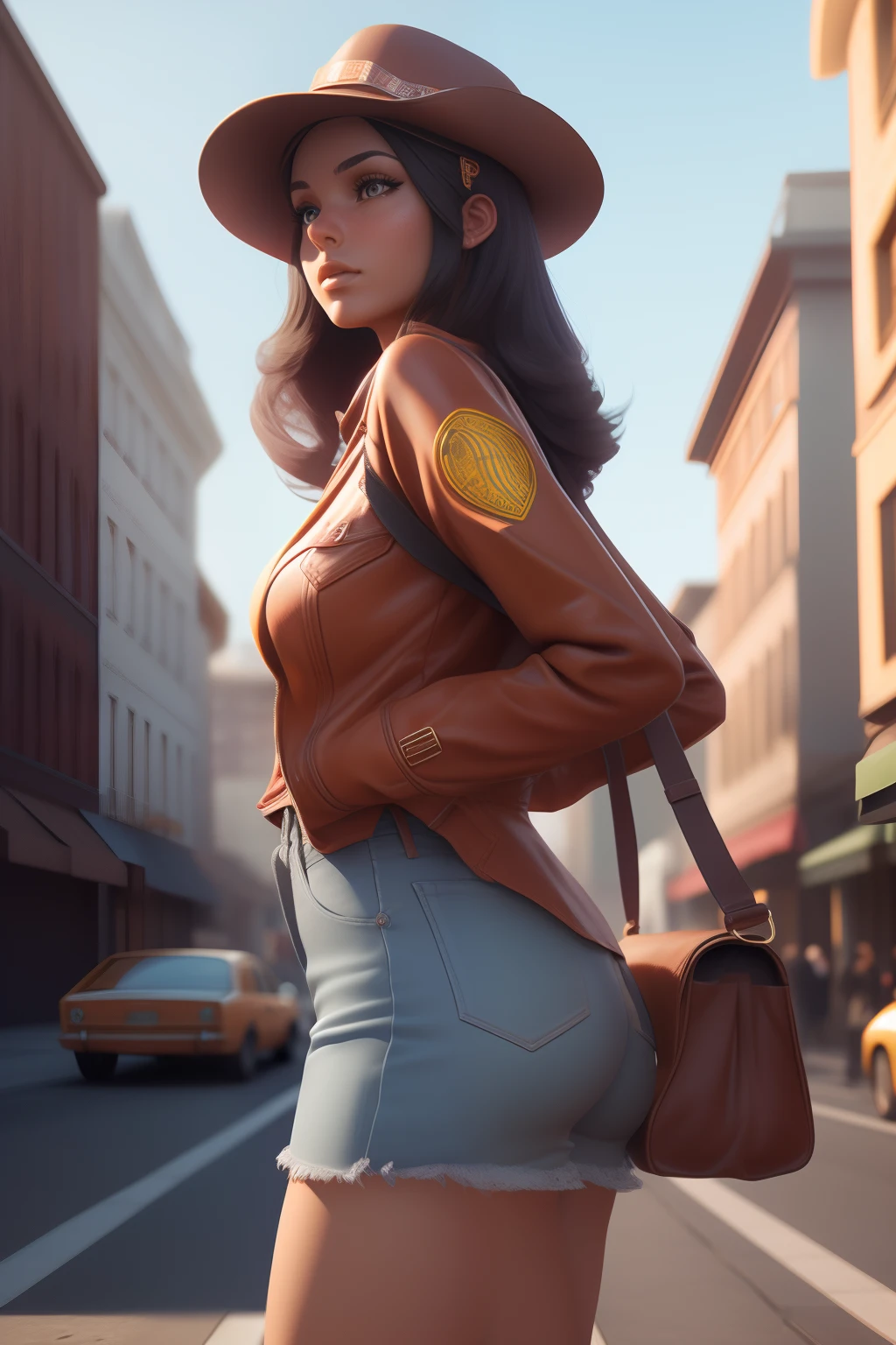 3D model, 3dmdt1, 3d render, photo photorealism photorealistic full body shot from side, 1girl, beautiful girl in 70's fashion on street, looking at the viewer