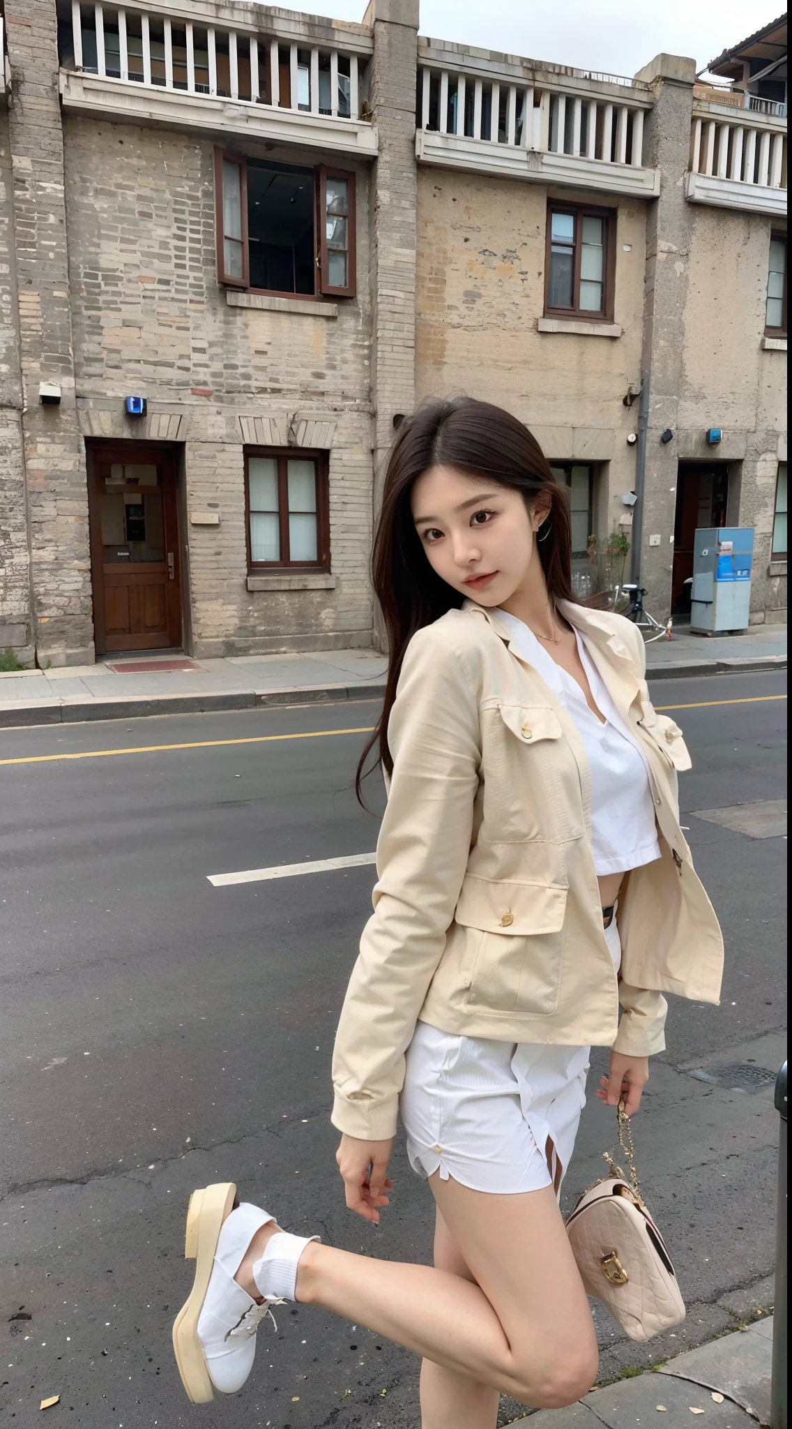 Witch in white dress and jacket posing on street corner, white trendy clothes, 2 0 2 0 fashion, wearing jacket and skirt, White jacket, bae suzy, smooth white tight clothes suit, Short jacket, H 576, korean women's fashion model, h 7 0 4, ulzzangs, Jacket, H 768, h 7 6 8