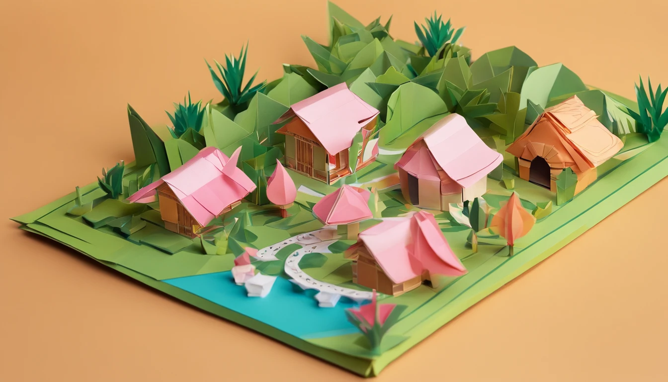 Miniature,Super cute clay world, Isometric view of the city ,Game architectural design, Cartoony,bamboo huts，Plants match the building，casual game style, Botanical architecture , 3D, blender，closeup cleavage，tmasterpiece，super detailing，best qualtiy