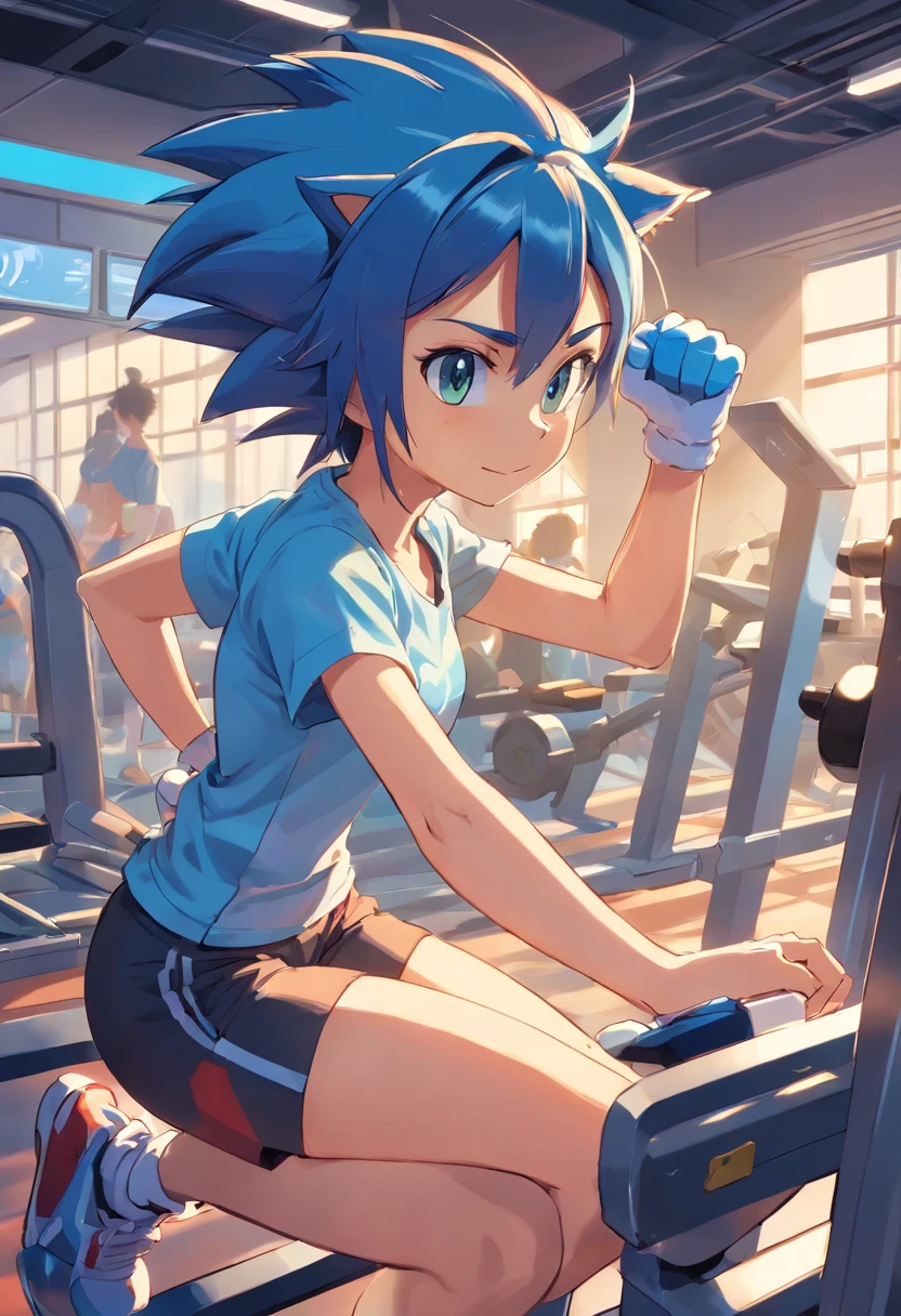a T-shirt illustration of Sonic the hedgehog working out intensely in a gym
