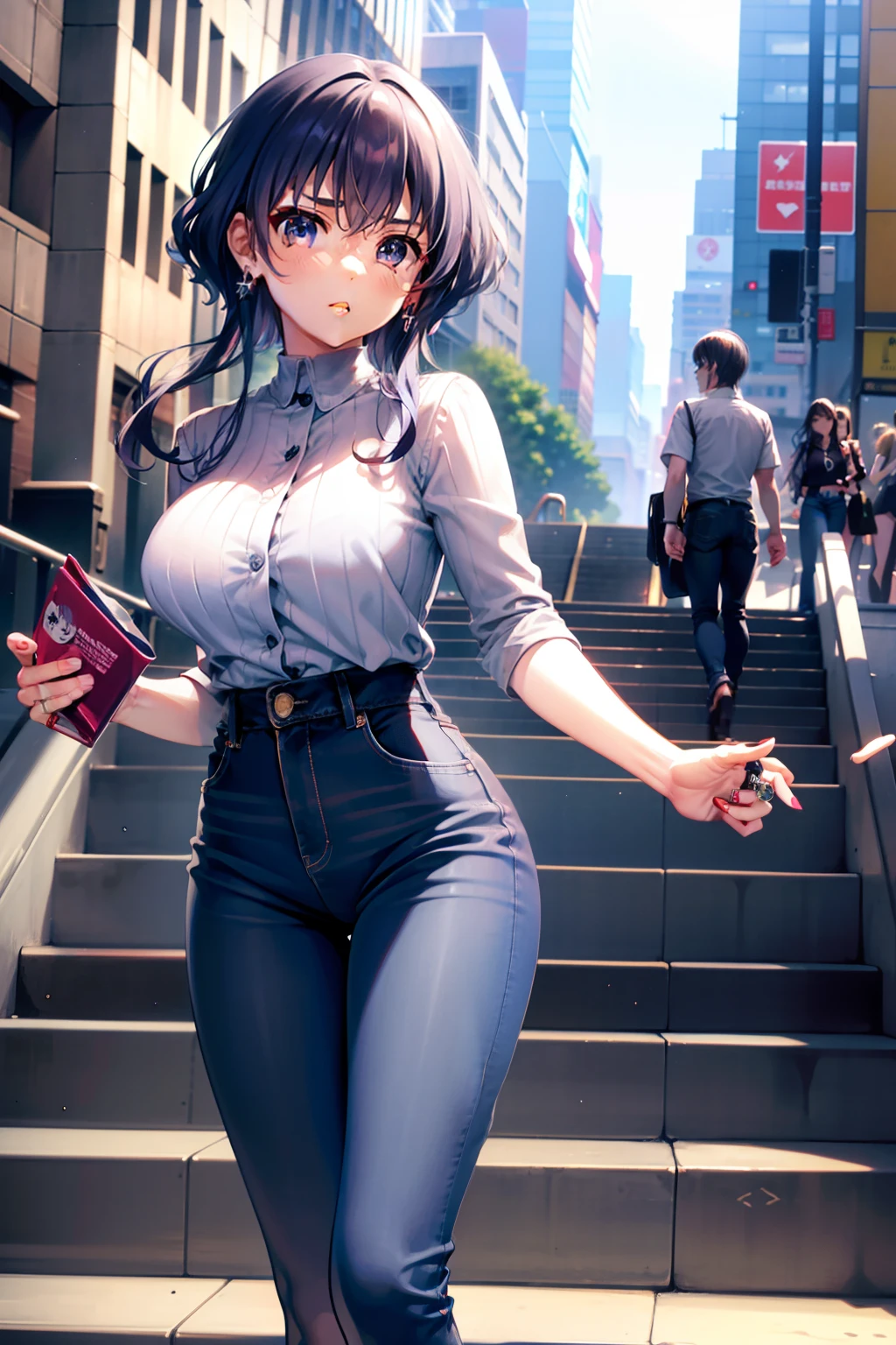 Michiru Hyodo、silber hair、Colossal tits、Blue eyes、Ring earrings、damage　Black high-waisted jeans、shuicolor　Stripes　frill shirt、Red High Heels、station　escalators