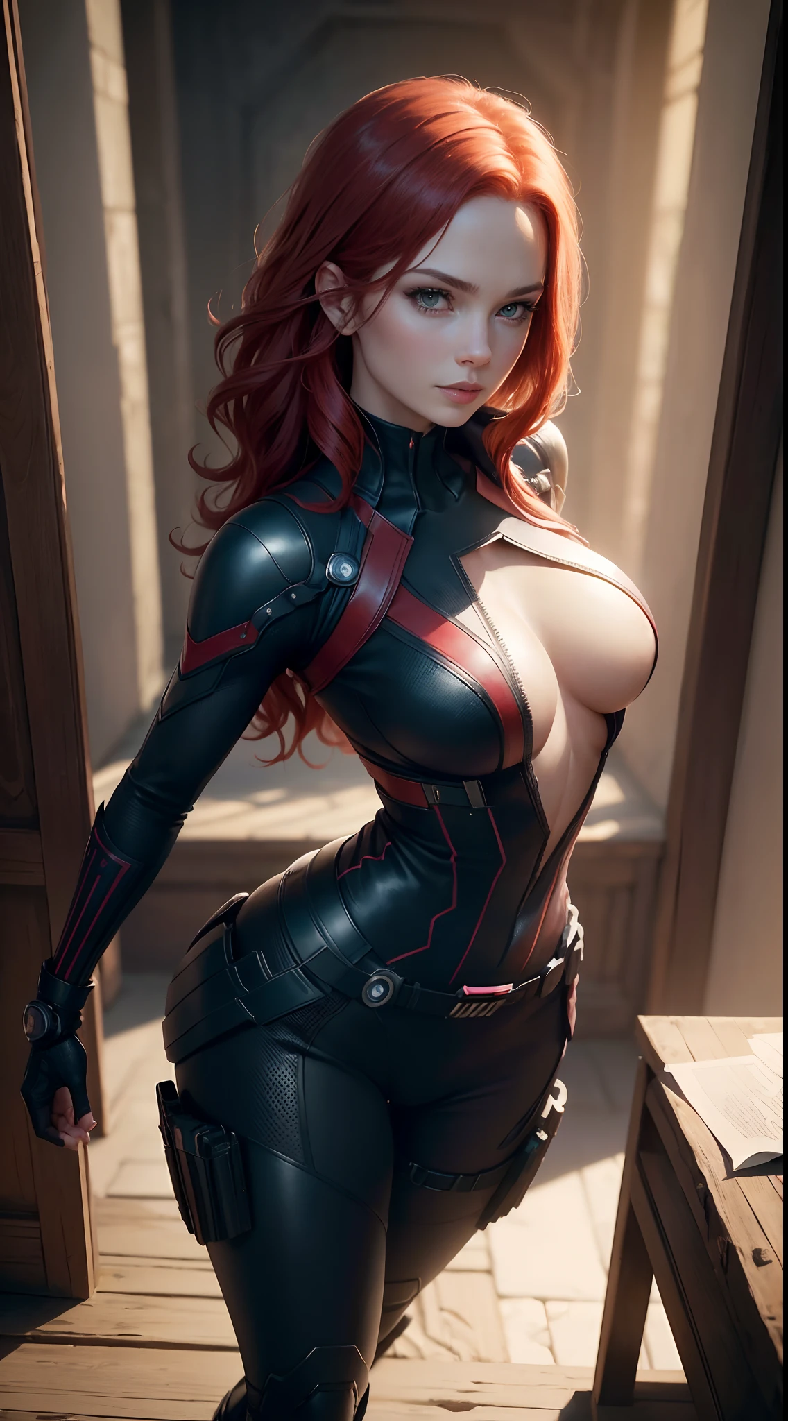 1girl, Full body:1.1, Natasha Romanoff style of the Black Widow (from marvel universe)costume, medium breasts, on an alien planet, (masterpiece, best quality, detailed skin texture, detailed cloth texture, beautiful detailed face, intricate details, ultra detailed),  short wavy red hair, whole body, smile, (((looking back))), (((from above, top corner))), (Best quality, A high resolution, Photorealistic, primitive, 8K,Masterpiece, ),Best quality, Masterpiec8K.hdr. High ribs:1.2, filmgrain, Blur bokeh:1.2, Lens flare, (vivd colour:1.2), (Delicate),