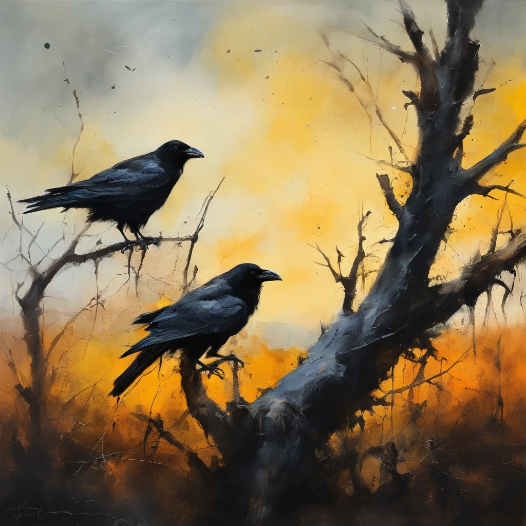 Two crows in a dead tree, Una sombra con forma de caminante, Noche estrellada, Niebla espesa en el suelo, Luz azul en el horizonte, Motor Unreal 5, Kinematic, low angle photography, Desenfoque de movimiento, Profundidad de campo, polvo, Adoquines y suciedad. Arte de salpicaduras, goteo de pintura. Perfect color gradation. Influenciado por Karel Appel y Jeremy Mann, Full of dramatic and menacing scenes, hiperdetallado, Beautiful, incredible details, Detalles intrincados, editorial photograph, Disparado con un objetivo de 50 mm, Profundidad de campo, Tilt Blur, shutter speed 1/1000, f/22. Mapas de luz, super brillante