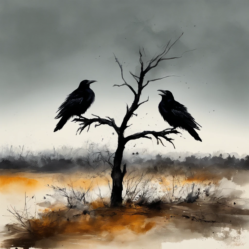 Two crows in a dead tree, Una sombra con forma de caminante, Noche estrellada, Niebla espesa en el suelo, Luz azul en el horizonte, Motor Unreal 5, Kinematic, low angle photography, Desenfoque de movimiento, Profundidad de campo, polvo, Adoquines y suciedad. Arte de salpicaduras, goteo de pintura. Perfect color gradation. Influenciado por Karel Appel y Jeremy Mann, Full of dramatic and menacing scenes, hiperdetallado, Beautiful, incredible details, Detalles intrincados, editorial photograph, Disparado con un objetivo de 50 mm, Profundidad de campo, Tilt Blur, shutter speed 1/1000, f/22. Mapas de luz, super brillante
