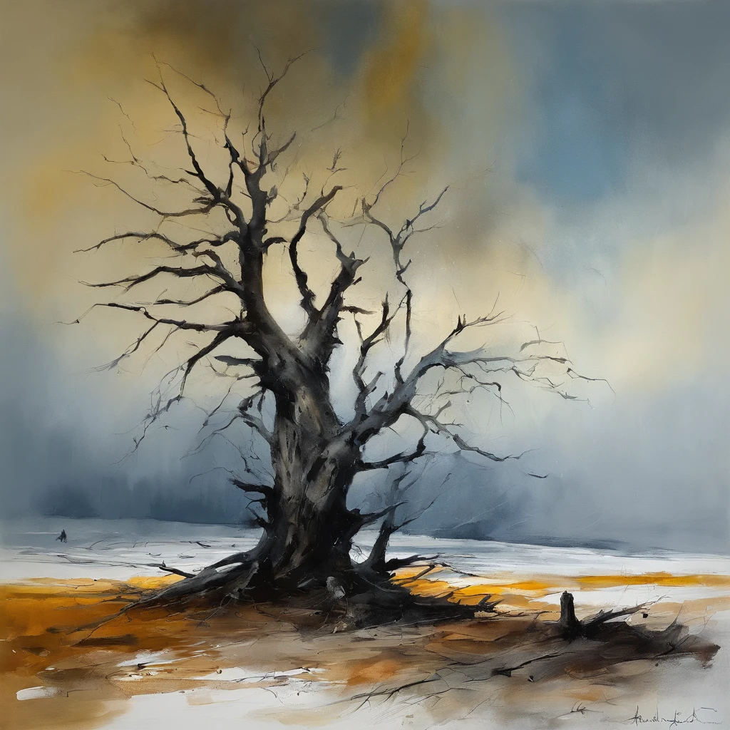 Two crows in a dead tree, Una sombra con forma de caminante, Noche estrellada, Niebla espesa en el suelo, Luz azul en el horizonte, Motor Unreal 5, Kinematic, low angle photography, Desenfoque de movimiento, Profundidad de campo, polvo, Adoquines y suciedad. Arte de salpicaduras, goteo de pintura. Perfect color gradation. Influenciado por Karel Appel y Jeremy Mann, Full of dramatic and menacing scenes, hiperdetallado, Beautiful, incredible details, Detalles intrincados, editorial photograph, Disparado con un objetivo de 50 mm, Profundidad de campo, Tilt Blur, shutter speed 1/1000, f/22. Mapas de luz, super brillante