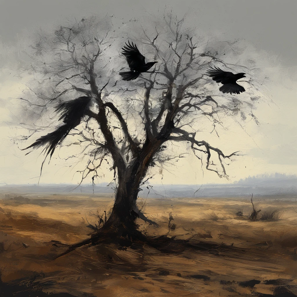 Two crows in a dead tree, Una sombra con forma de caminante, Noche estrellada, Niebla espesa en el suelo, Luz azul en el horizonte, Motor Unreal 5, Kinematic, low angle photography, Desenfoque de movimiento, Profundidad de campo, polvo, Adoquines y suciedad. Arte de salpicaduras, goteo de pintura. Perfect color gradation. Influenciado por Karel Appel y Jeremy Mann, Full of dramatic and menacing scenes, hiperdetallado, Beautiful, incredible details, Detalles intrincados, editorial photograph, Disparado con un objetivo de 50 mm, Profundidad de campo, Tilt Blur, shutter speed 1/1000, f/22. Mapas de luz, super brillante