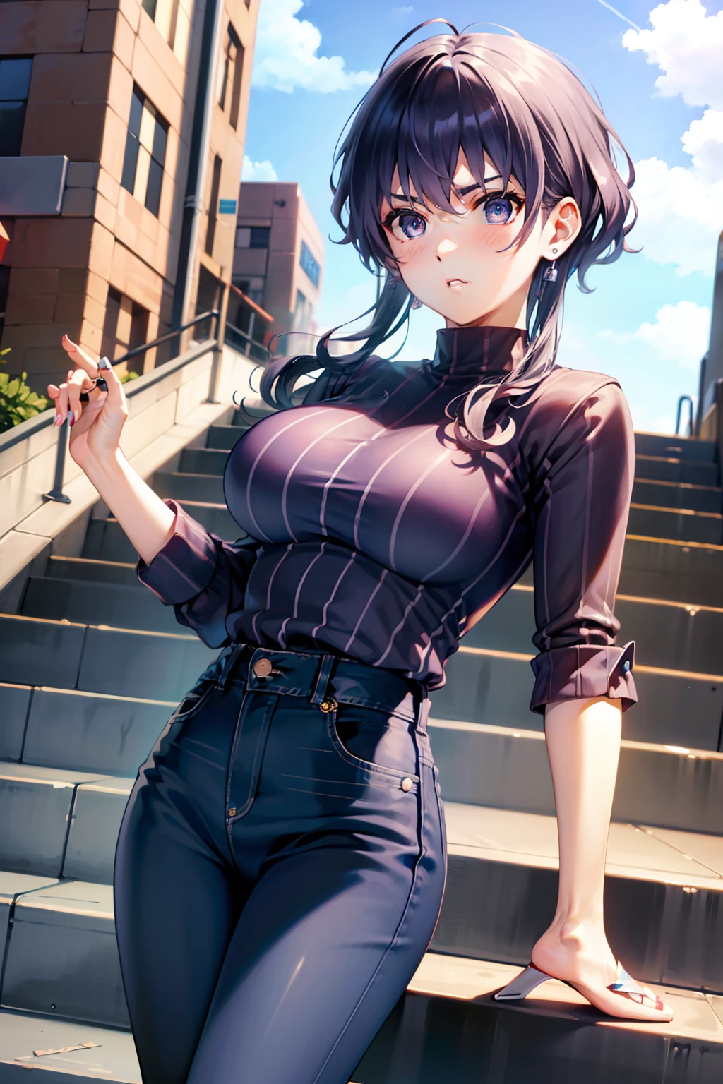 Michiru Hyodo、silber hair、Colossal tits、Blue eyes、Ring earrings、damage　Black high-waisted jeans、shuicolor　Stripes　frill shirt、Red High Heels、station　escalators