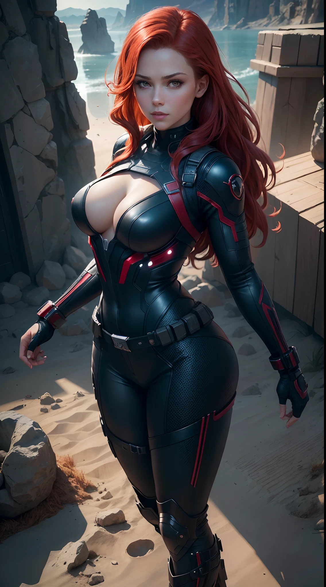 1girl, Full body:1.1, Natasha Romanoff style of the Black Widow (from marvel universe)costume, medium breasts, on an alien planet, (masterpiece, best quality, detailed skin texture, detailed cloth texture, beautiful detailed face, intricate details, ultra detailed),  short wavy red hair, whole body, smile, (((looking back))), (((from above, top corner))), (Best quality, A high resolution, Photorealistic, primitive, 8K,Masterpiece, ),Best quality, Masterpiec8K.hdr. High ribs:1.2, filmgrain, Blur bokeh:1.2, Lens flare, (vivd colour:1.2), (Delicate),