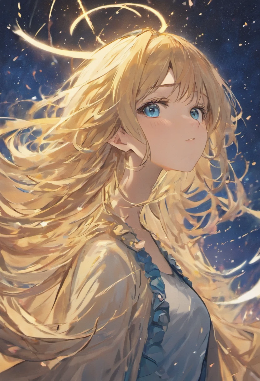 (masterpiece、top-quality、ultra-detailliert、hight resolution, Manga:1.2)、(Wavy hair spreading in the wind:1.2)、(beautifull detailed face)、(beatiful detailed eyes、Left and right even eyes:1.2)、(Gold and blue eyes、odd eye:1.2)、Against the background of the night sky