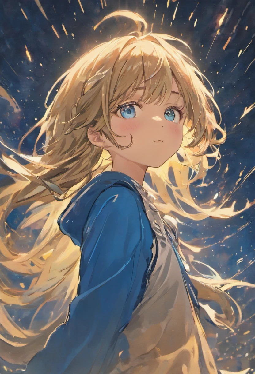 (masterpiece、top-quality、ultra-detailliert、hight resolution, Manga:1.2)、(Wavy hair spreading in the wind:1.2)、(beautifull detailed face)、(beatiful detailed eyes、Left and right even eyes:1.2)、(Gold and blue eyes、odd eye:1.2)、Against the background of the night sky