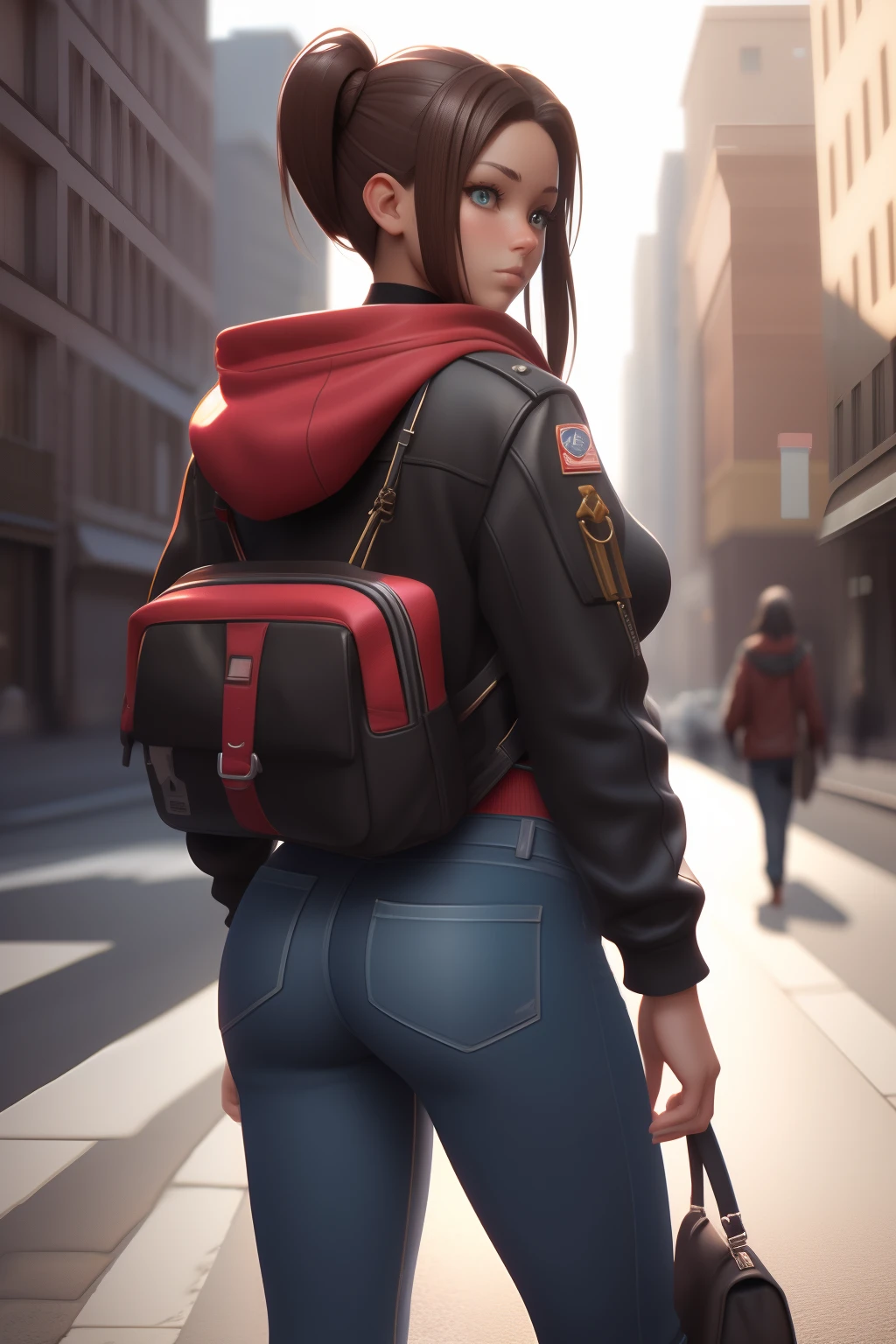 3D model, 3dmdt1, 3d render, photo photorealism photorealistic full body shot from side, 1girl, beautiful girl in 2000's fashion on street, looking at the viewer