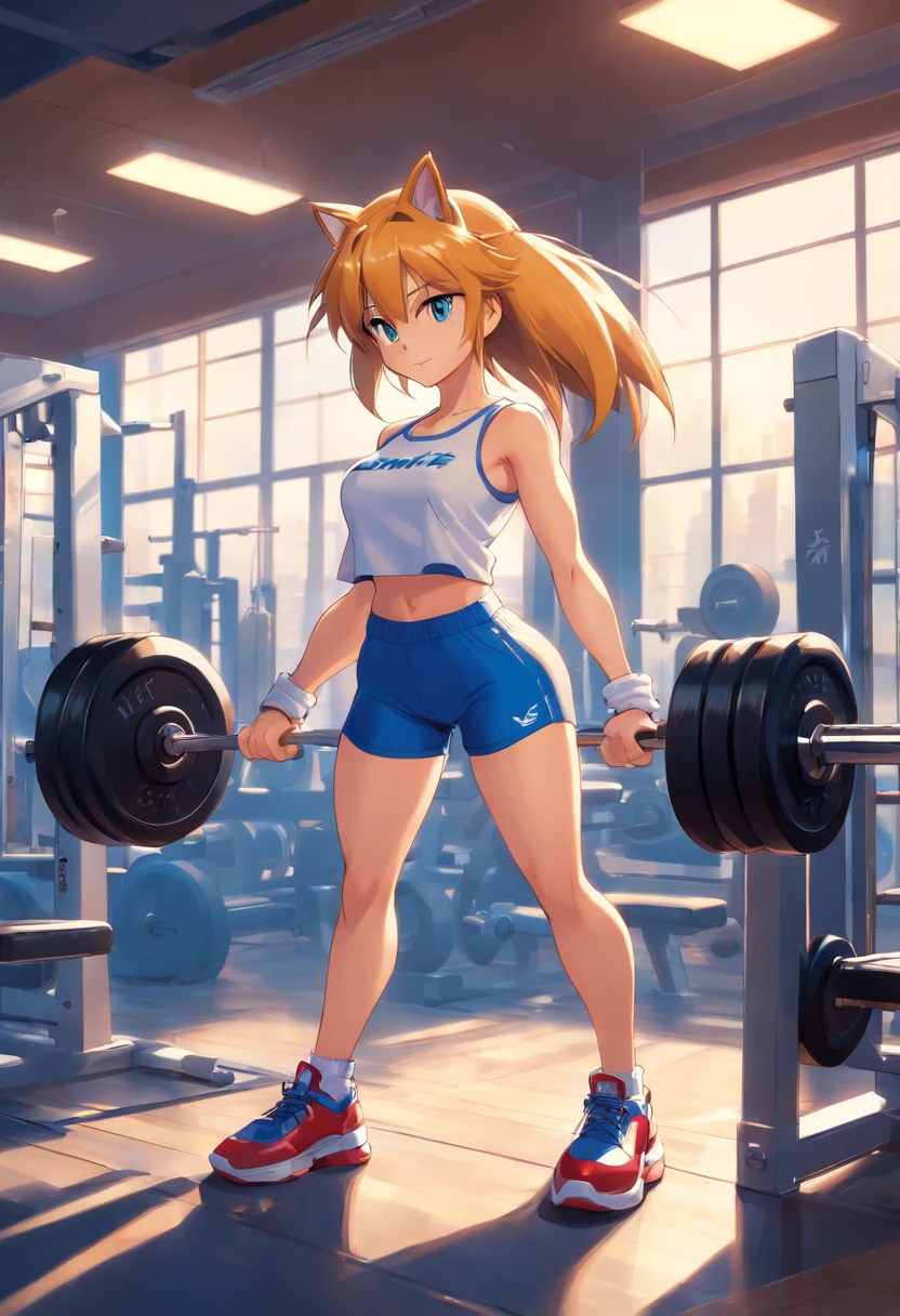 a T-shirt illustration of Sonic the hedgehog lifting weights in the gym