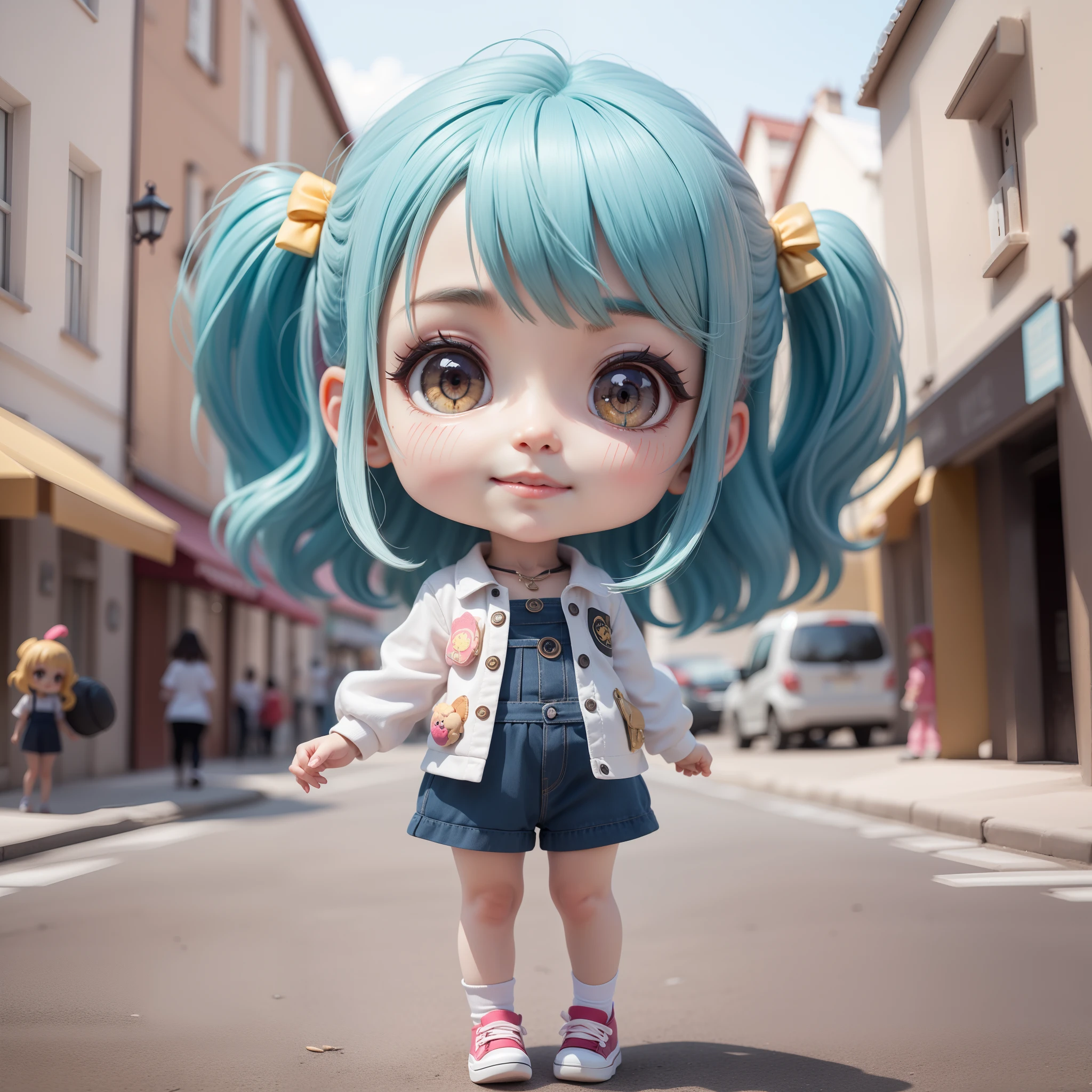 Anime chibi cute baby,(((Super Obra-Prima、qualidade superior、Ultra - Detalhado、1 menina em、Tchibi:1.5)))estilo cartoon、fundo branco、sem cor、Moda Chibi、Um modelo de moda、Vestindo uma camisa e um longo colete ,sneaker、Fundo elegante da rua da cidade、fora de casa、O melhor sorriso、looking at the camera,Um rosto detalhado、pele escura、highdetailskin(Tchibi:1.4)、